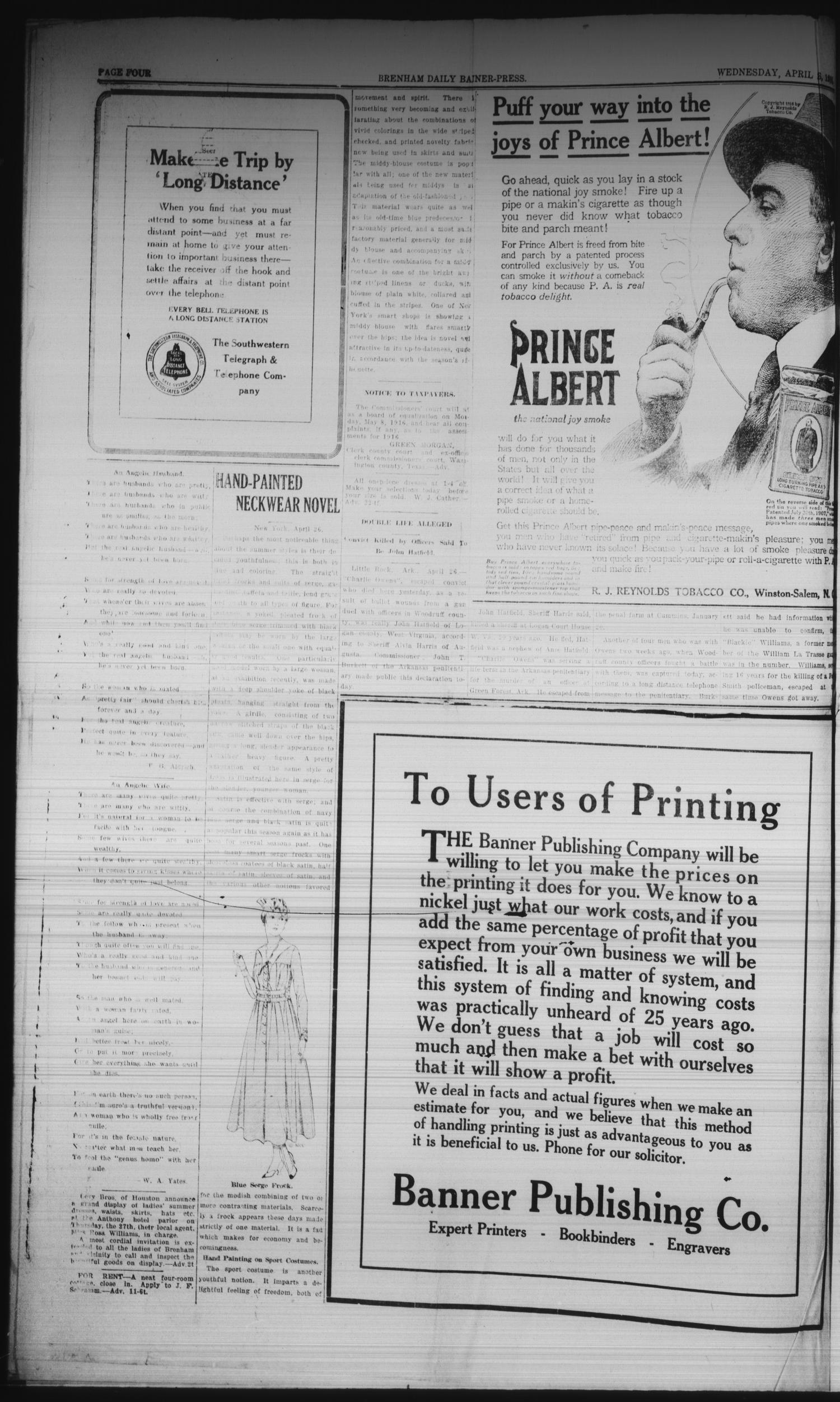Brenham Daily Banner-Press (Brenham, Tex.), Vol. 33, No. 25, Ed. 1 Wednesday, April 26, 1916
                                                
                                                    [Sequence #]: 4 of 6
                                                
