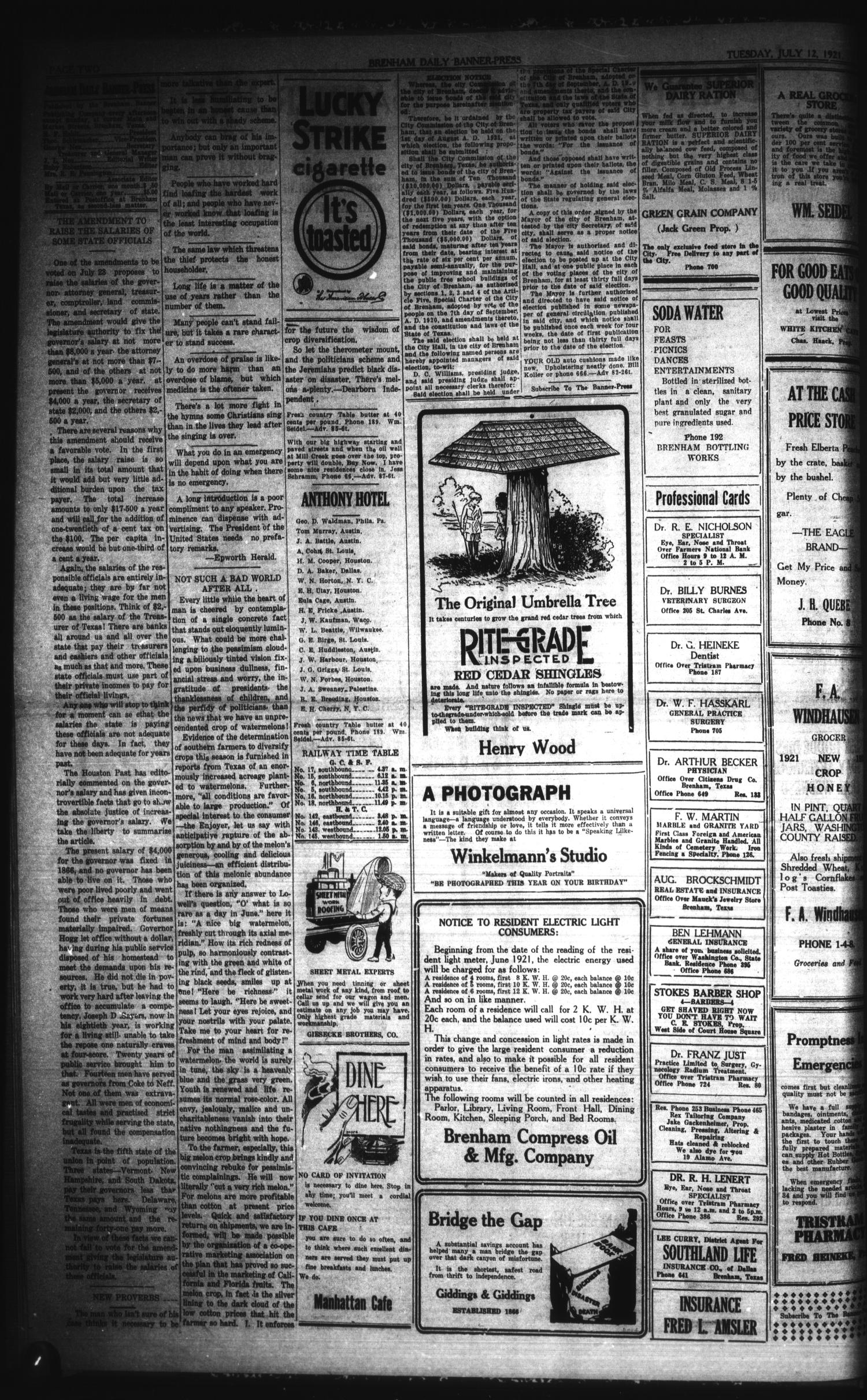 Brenham Daily Banner-Press (Brenham, Tex.), Vol. 38, No. 89, Ed. 1 Tuesday, July 12, 1921
                                                
                                                    [Sequence #]: 2 of 4
                                                