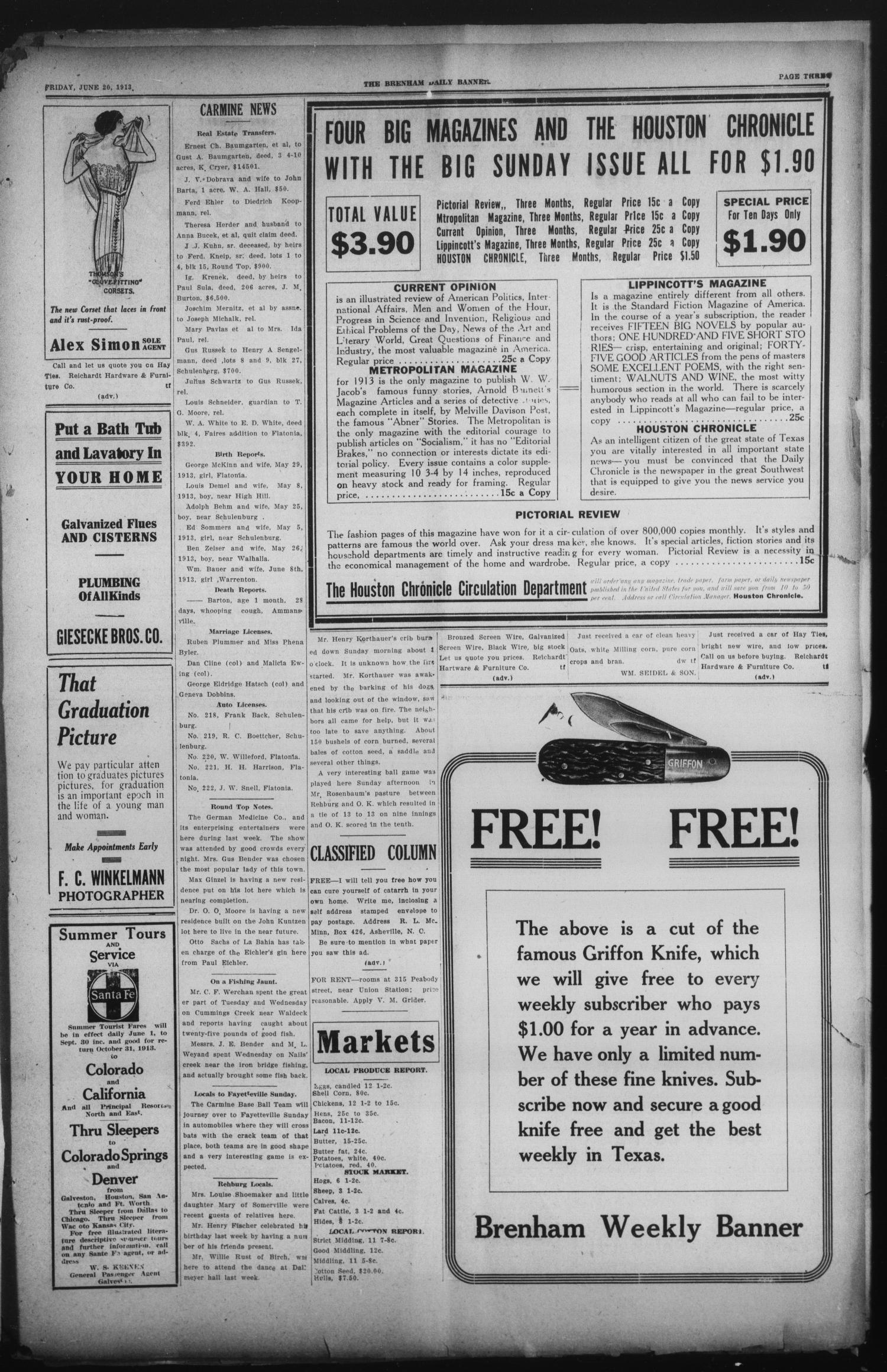 Brenham Daily Banner (Brenham, Tex.), Vol. 30, No. 72, Ed. 1 Friday, June 20, 1913
                                                
                                                    [Sequence #]: 3 of 8
                                                