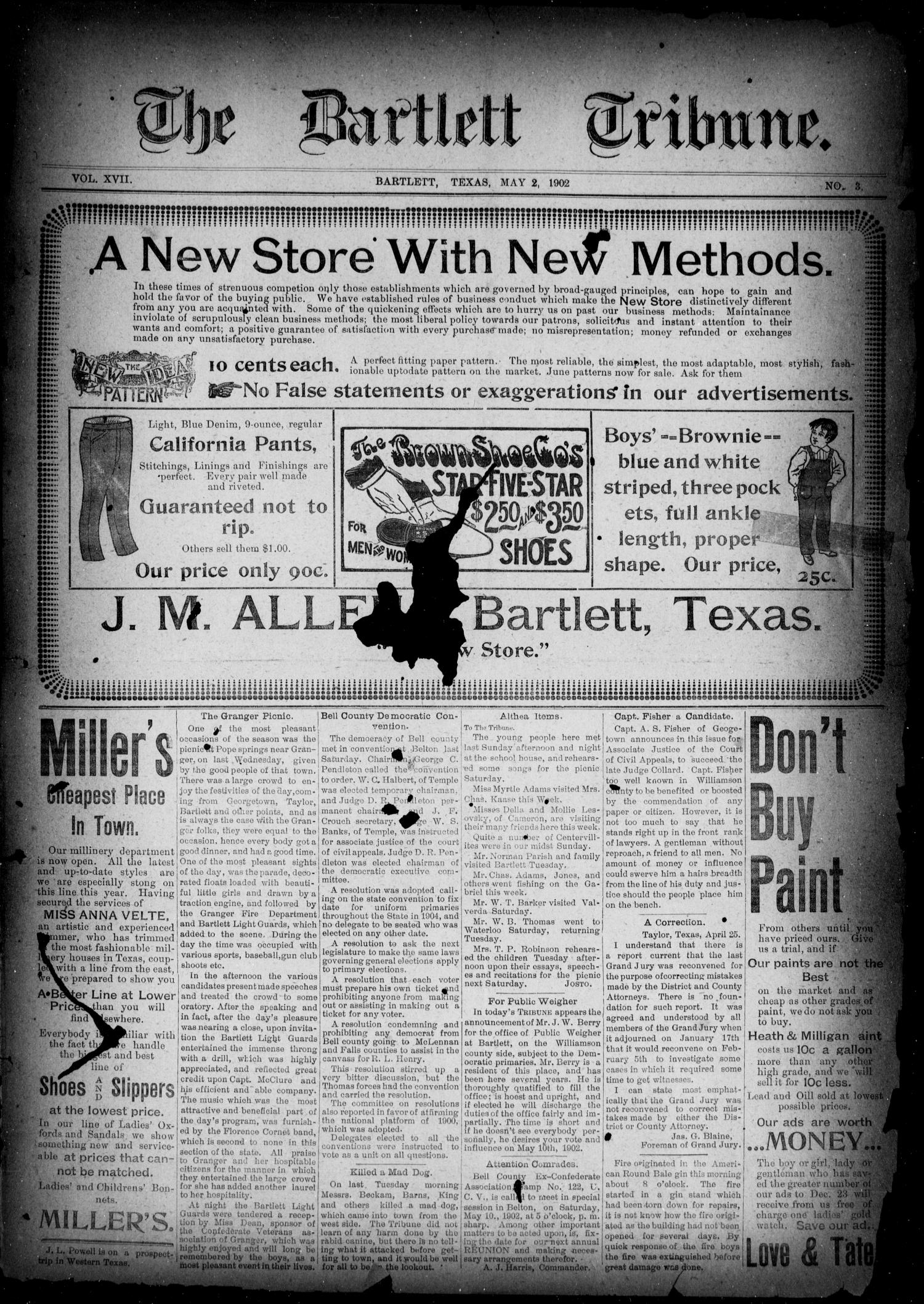 The Bartlett Tribune (Bartlett, Tex.), Vol. 17, No. 3, Ed. 1, Friday, May 2, 1902
                                                
                                                    [Sequence #]: 1 of 8
                                                