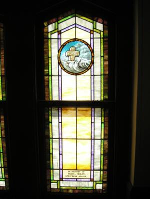 Primary view of object titled '[Photograph of Stained Glass Window in St. James Methodist Church]'.