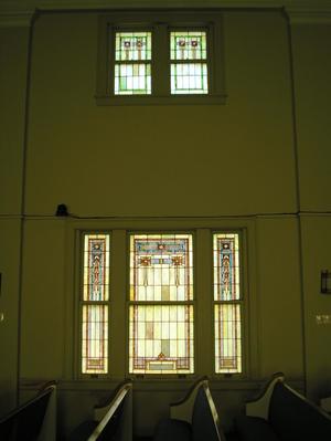 Primary view of object titled '[Photograph of Stained Glass Windows in St. John's Methodist Church]'.