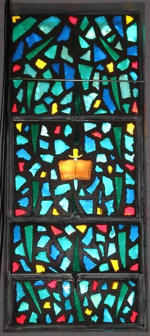 Primary view of object titled '[Photograph of Stained Glass Window in Trinity Methodist Church]'.