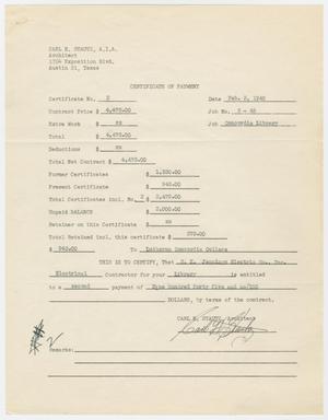 Primary view of object titled '[Certificate of Payment from Carl Stautz to Lutheran Concordia College for W. K. Jennings Electric]'.