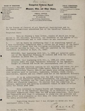 Primary view of object titled '[Letter from E. Seuel to the Evangelical Lutheran Synod of Missouri Boards of Control, September 17, 1932]'.