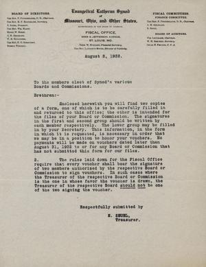 Primary view of object titled '[Letter from E. Seuel to the Boards and Commissions of the Evangelical Lutheran Synod of Missouri, March 24, 1930]'.