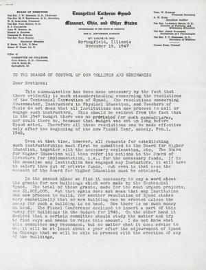 Primary view of object titled '[Letter from Paul Schulz to the Boards of Control of the Colleges and Seminaries of the Evangelical Lutheran Synod, November 19, 1947]'.