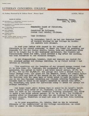 [Letter from F. H. Stelzer to Lutheran Concordia College Board of Directors, November 7, 1947]