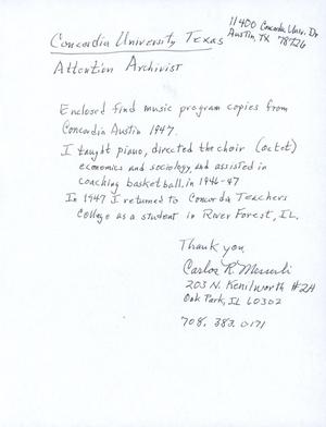 [Letter from Carlos Messerli to Archivist]