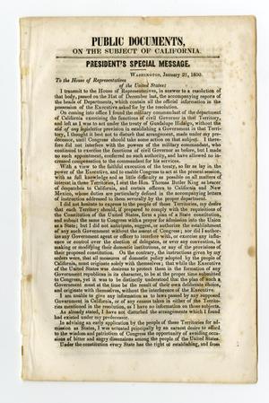 Primary view of Public documents on the subject of California. President's special message. Washington, January 21, 1850. To the House of Representatives of the United States.