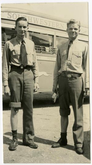 Two Men in Front of a Southwestern Bus, Forehead Paint and One Pant Leg Rolled Up on Both Men (1937)
