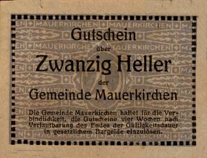 Primary view of object titled '[Austrian bank note in the denomination of 20 heller]'.