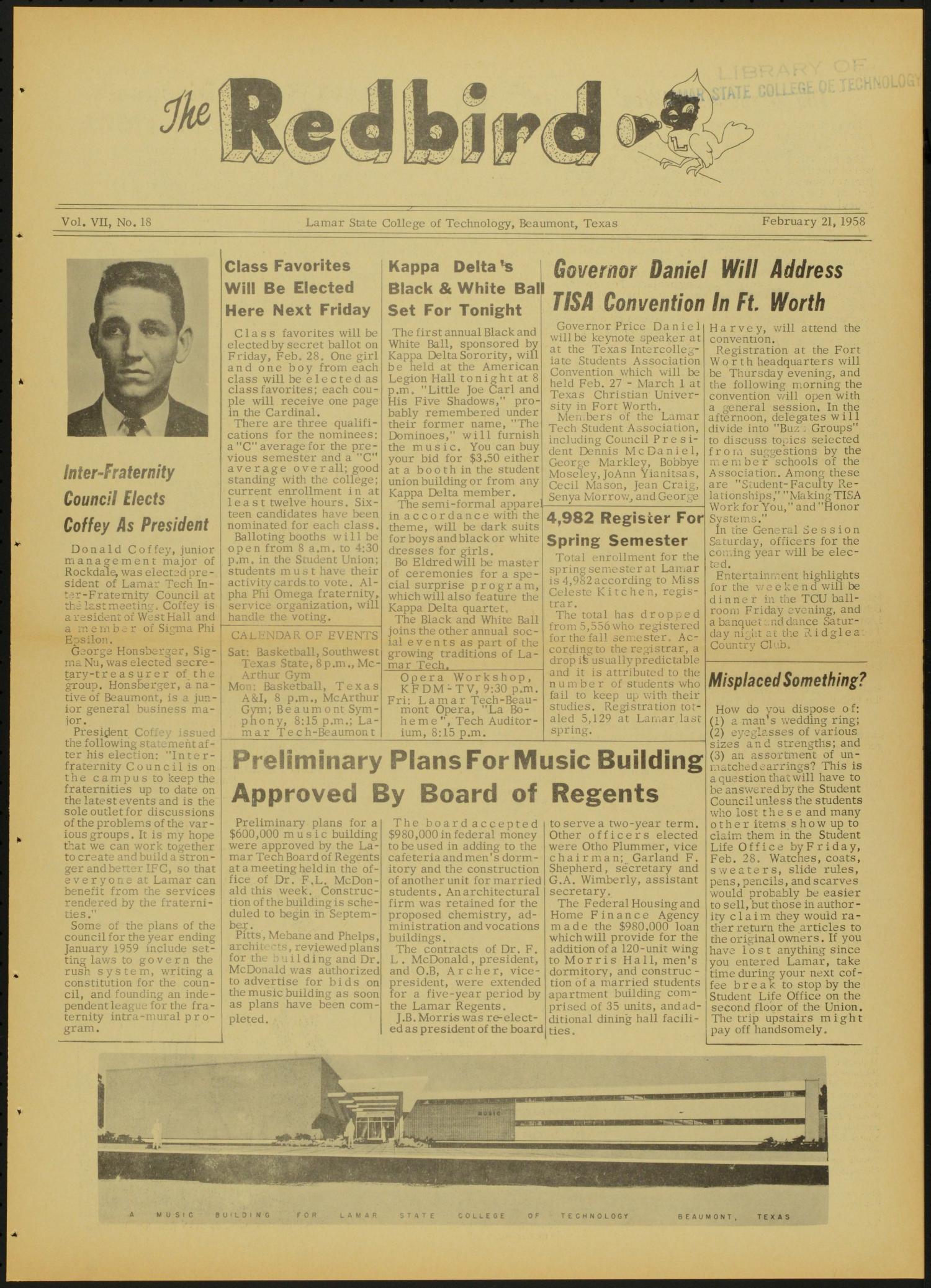 The Redbird (Beaumont, Tex.), Vol. 7, No. 18, Ed. 1 Friday, February 21, 1958
                                                
                                                    [Sequence #]: 1 of 8
                                                