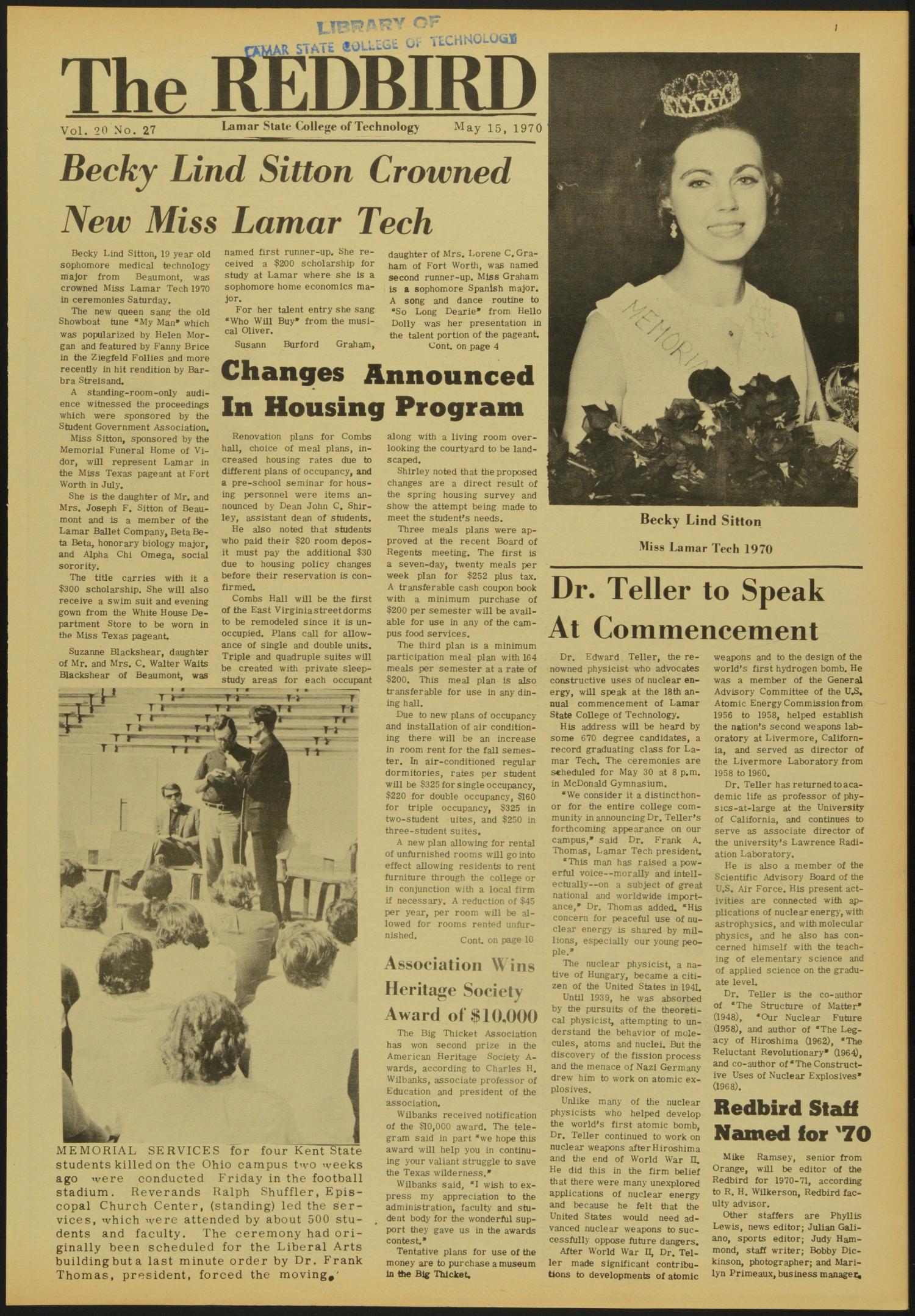 The Redbird (Beaumont, Tex.), Vol. 20, No. 27, Ed. 1 Friday, May 15, 1970
                                                
                                                    [Sequence #]: 1 of 12
                                                