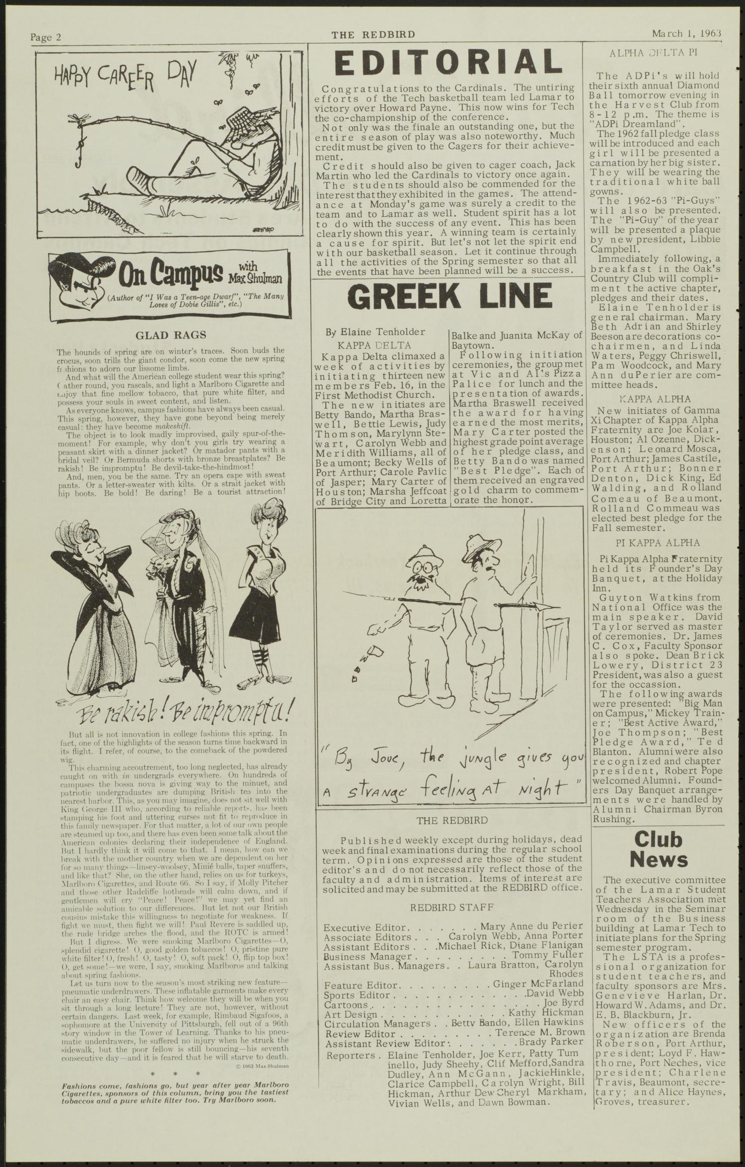 The Redbird (Beaumont, Tex.), Vol. 13, No. 16, Ed. 1 Friday, March 1, 1963
                                                
                                                    [Sequence #]: 2 of 6
                                                