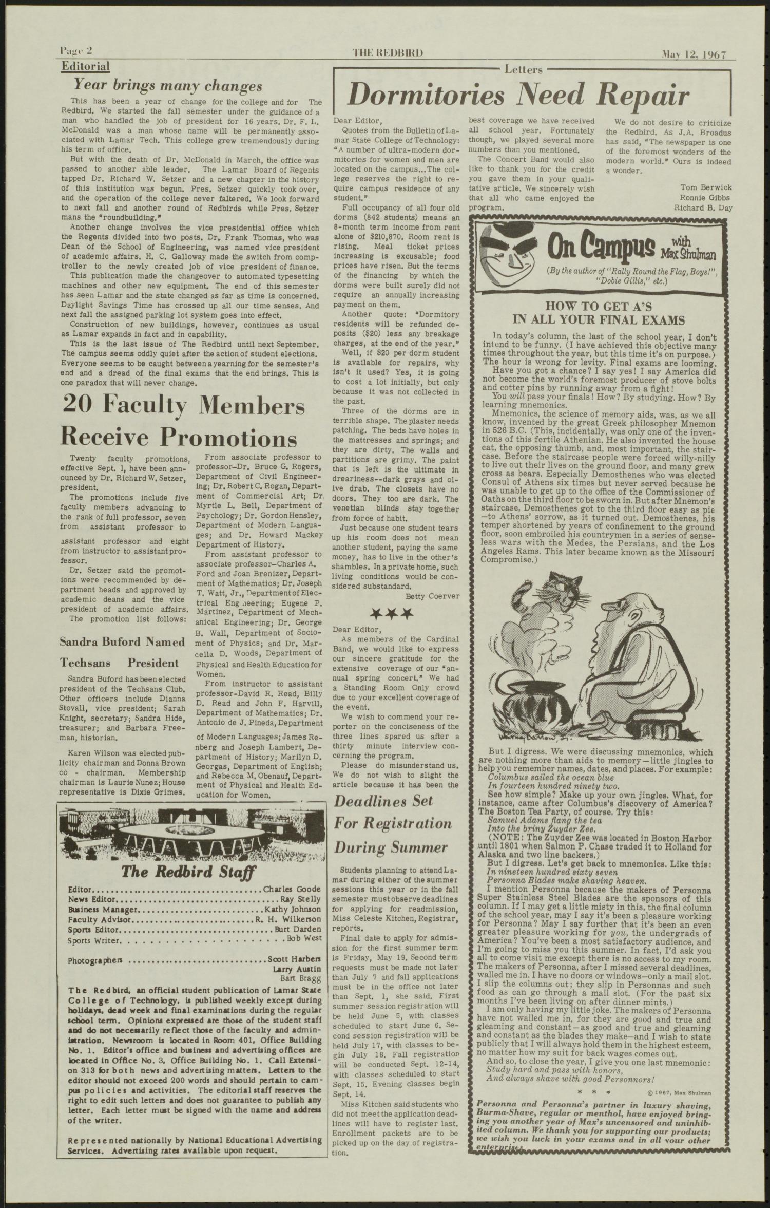The Redbird (Beaumont, Tex.), Vol. 17, No. 27, Ed. 1 Friday, May 12, 1967
                                                
                                                    [Sequence #]: 2 of 8
                                                