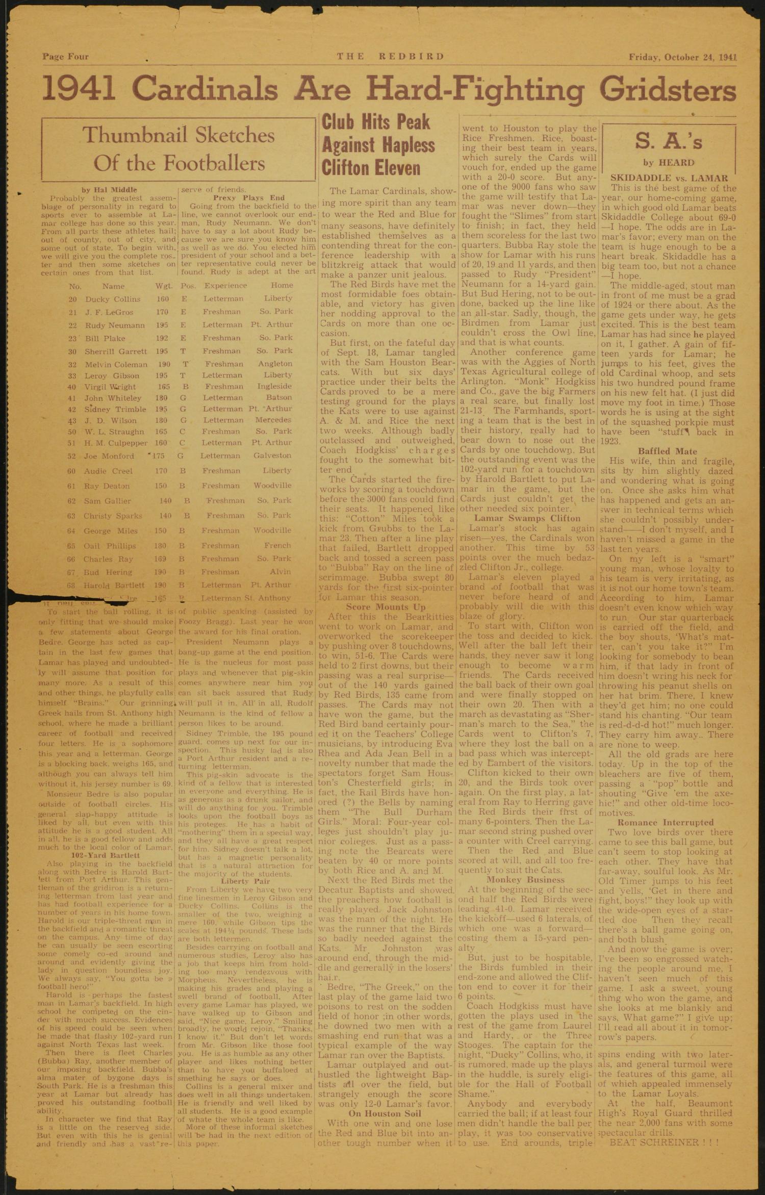 The Redbird (Beaumont, Tex.), Vol. 2, No. 1, Ed. 1 Friday, October 24, 1941
                                                
                                                    [Sequence #]: 4 of 4
                                                