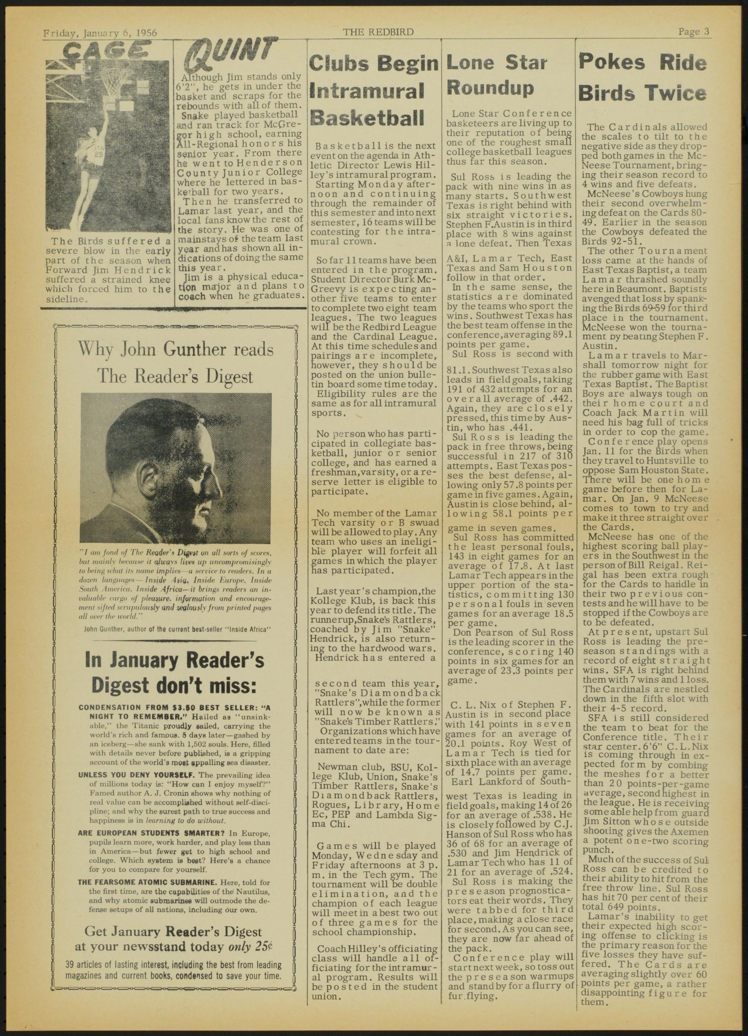 The Redbird (Beaumont, Tex.), Vol. 5, No. 14, Ed. 1 Friday, January 6, 1956
                                                
                                                    [Sequence #]: 3 of 4
                                                