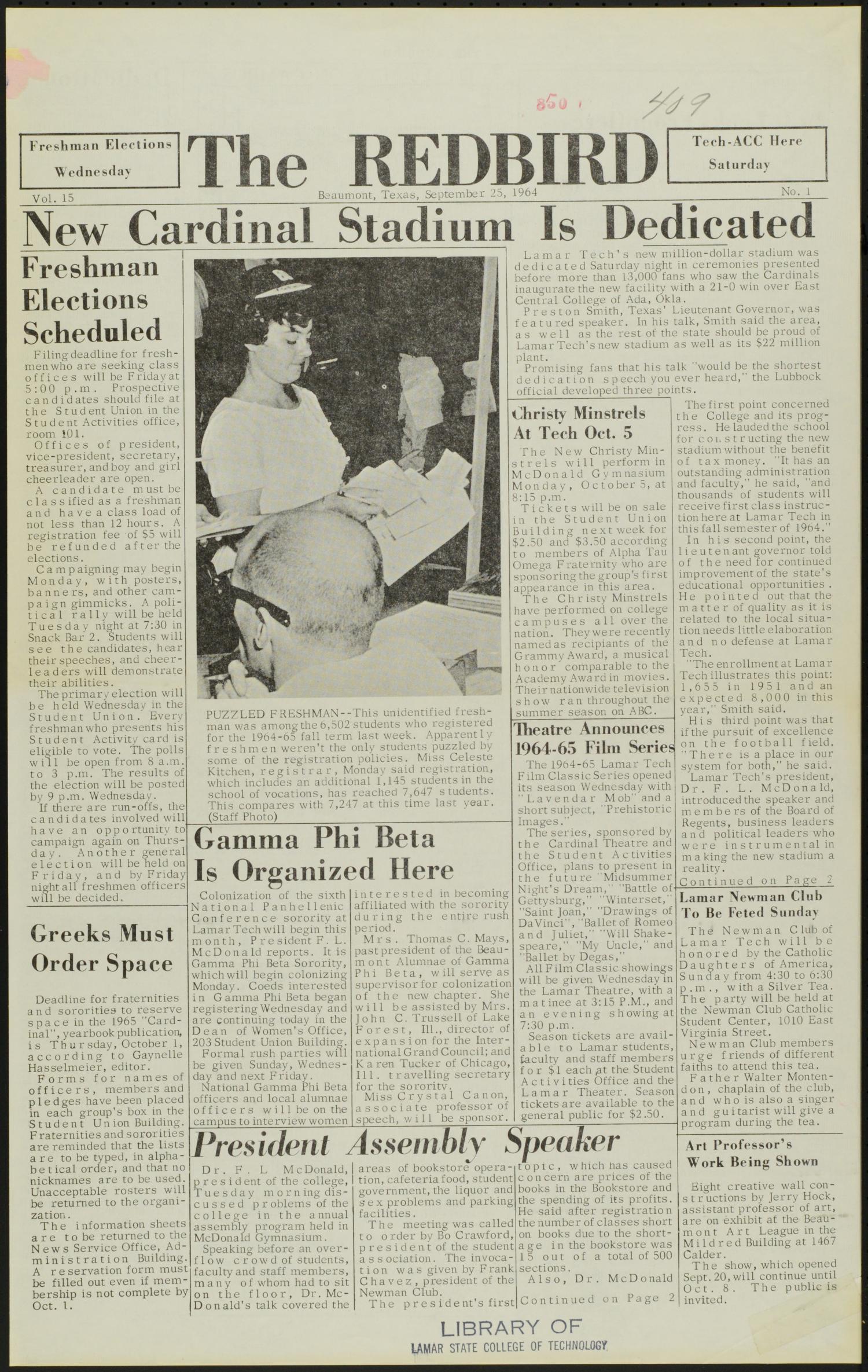The Redbird (Beaumont, Tex.), Vol. 15, No. 1, Ed. 1 Friday, September 25, 1964
                                                
                                                    [Sequence #]: 1 of 4
                                                