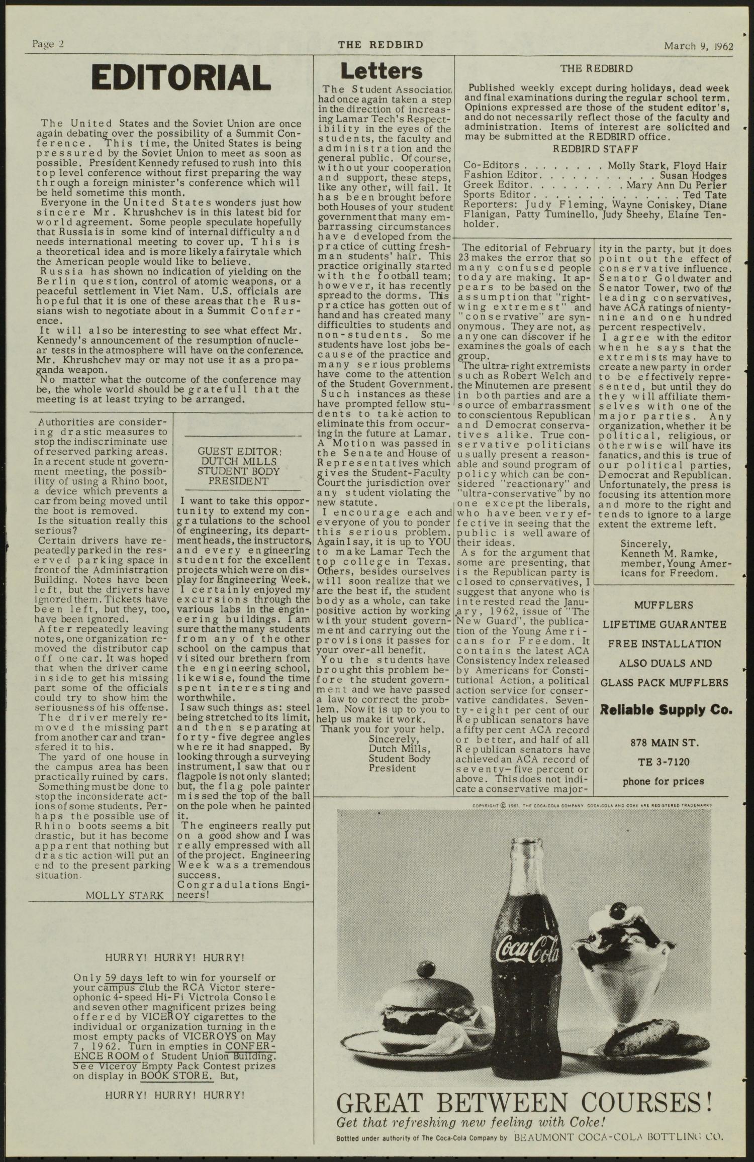 The Redbird (Beaumont, Tex.), Vol. 12, No. 19, Ed. 1 Friday, March 9, 1962
                                                
                                                    [Sequence #]: 2 of 8
                                                