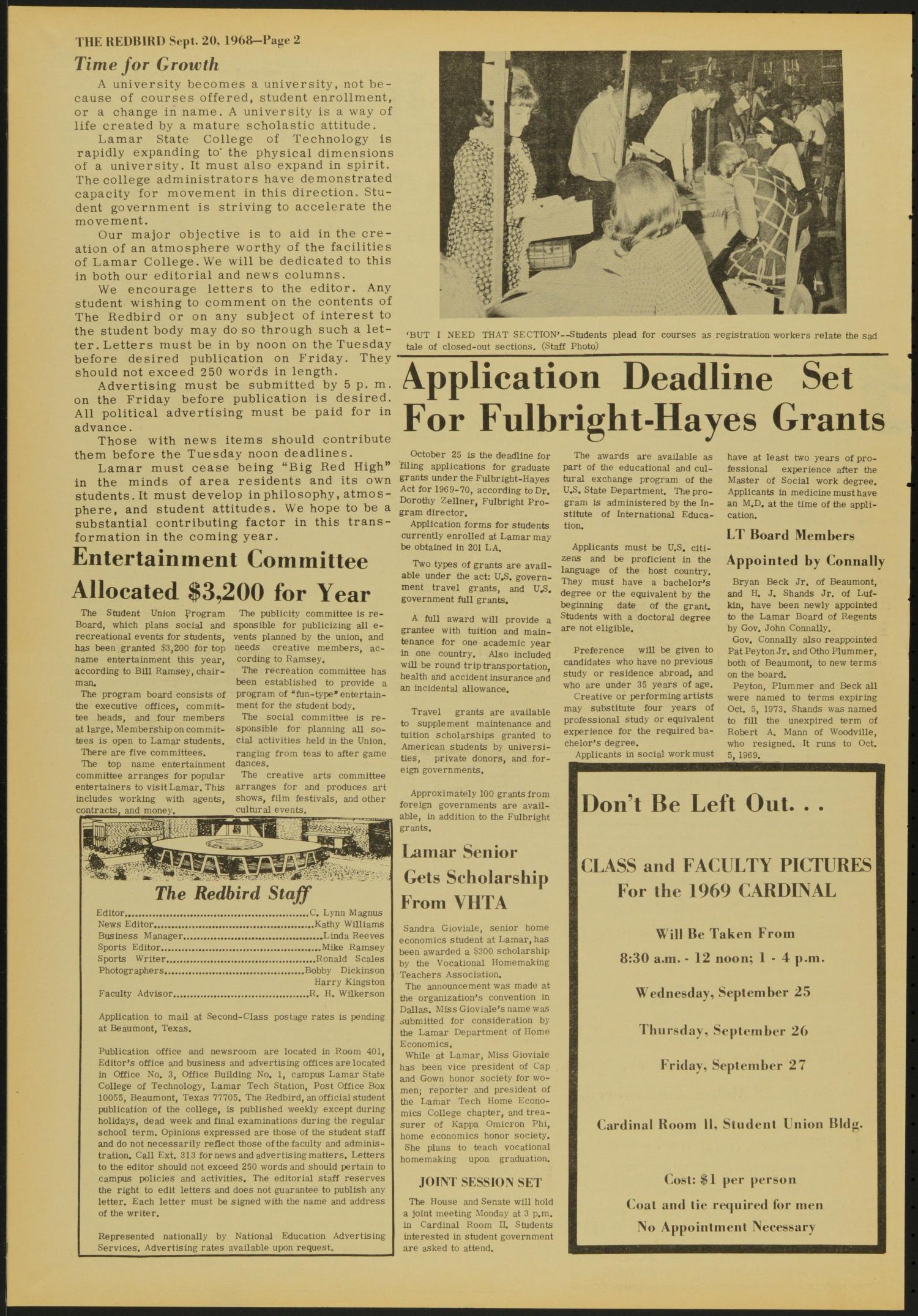 The Redbird (Beaumont, Tex.), Vol. 19, No. 1, Ed. 1 Friday, September 20, 1968
                                                
                                                    [Sequence #]: 2 of 8
                                                