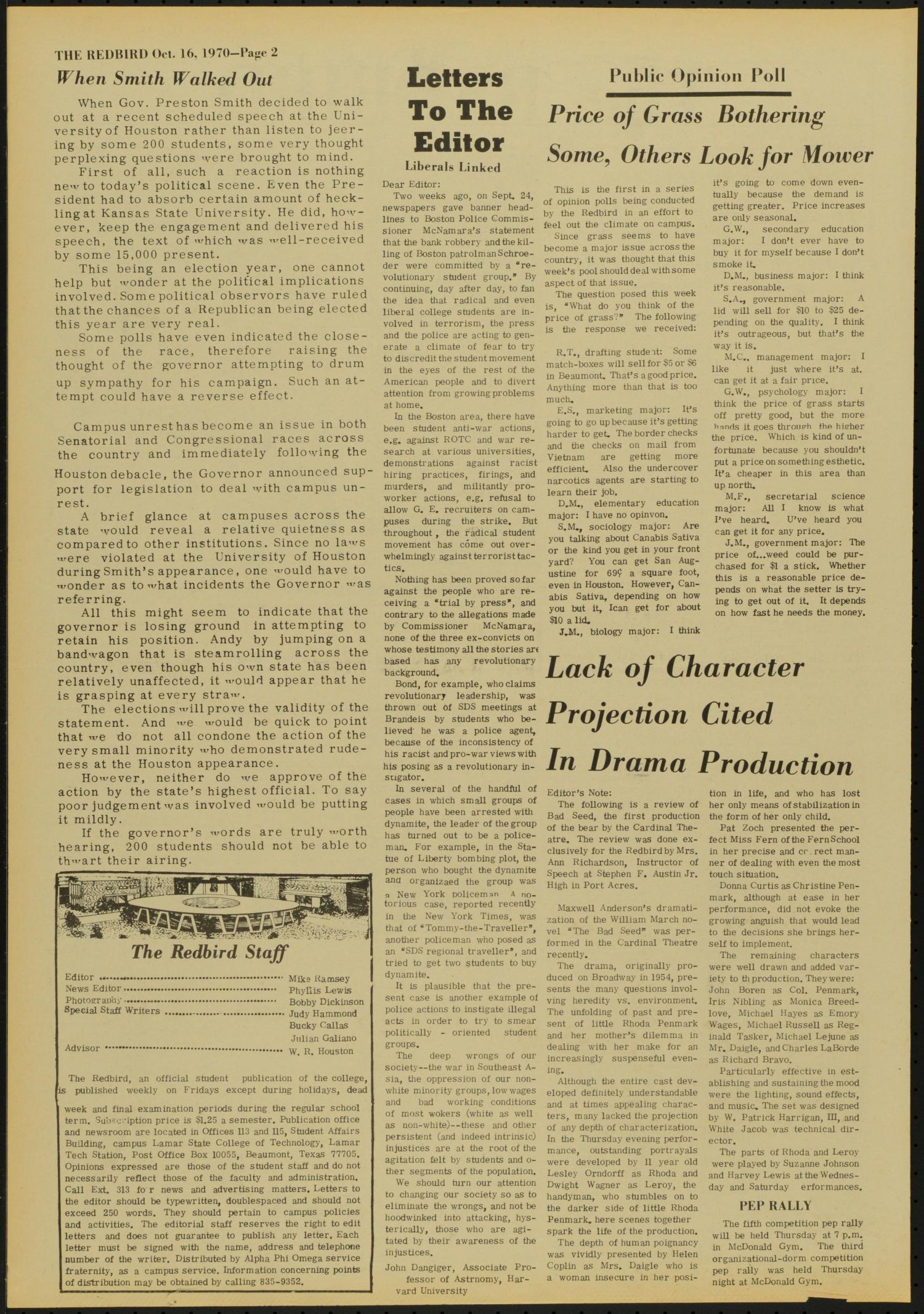 The Redbird (Beaumont, Tex.), Vol. 21, No. 6, Ed. 1 Friday, October 16, 1970
                                                
                                                    [Sequence #]: 2 of 8
                                                