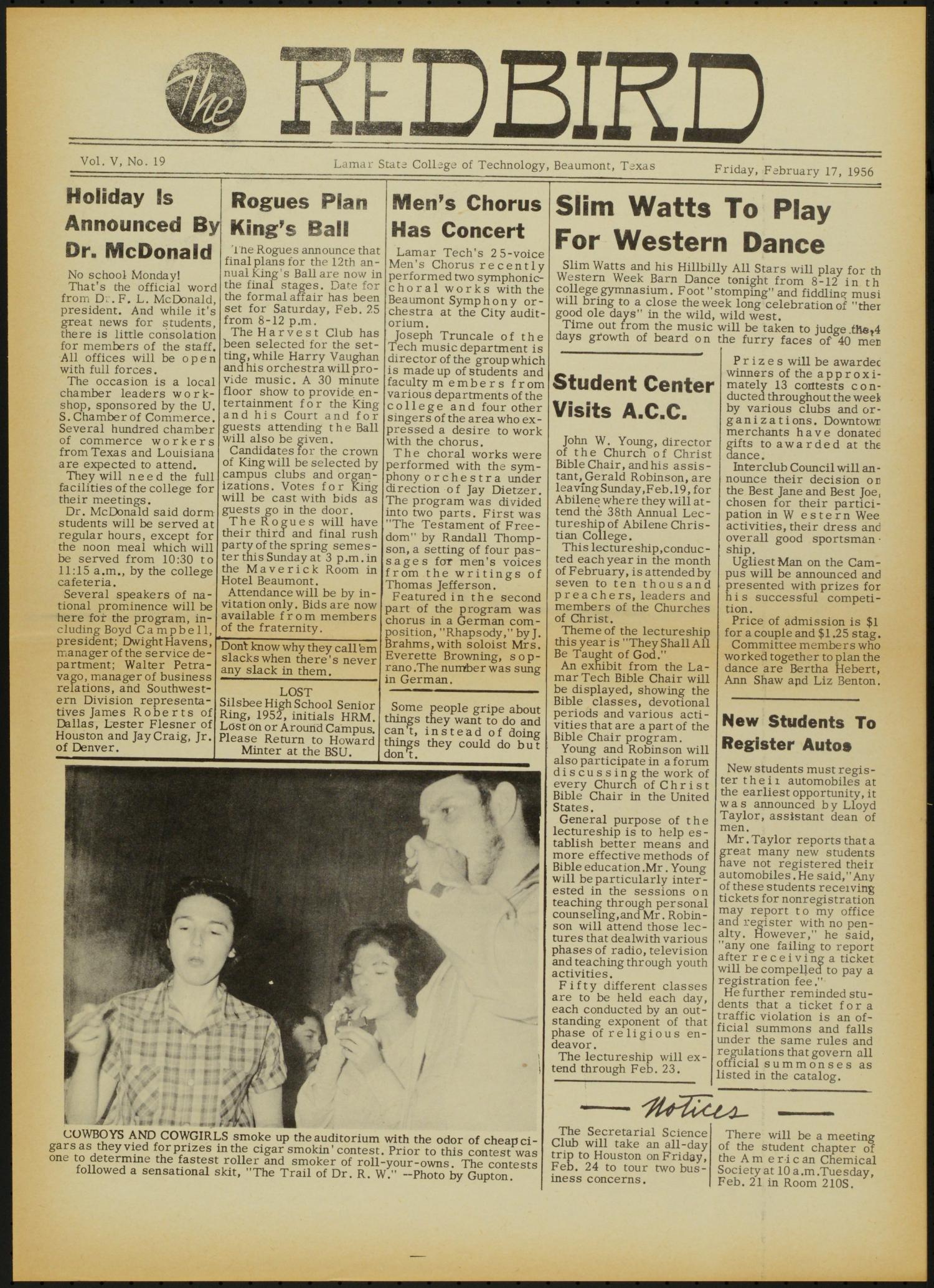 The Redbird (Beaumont, Tex.), Vol. 5, No. 19, Ed. 1 Friday, February 17, 1956
                                                
                                                    [Sequence #]: 1 of 6
                                                