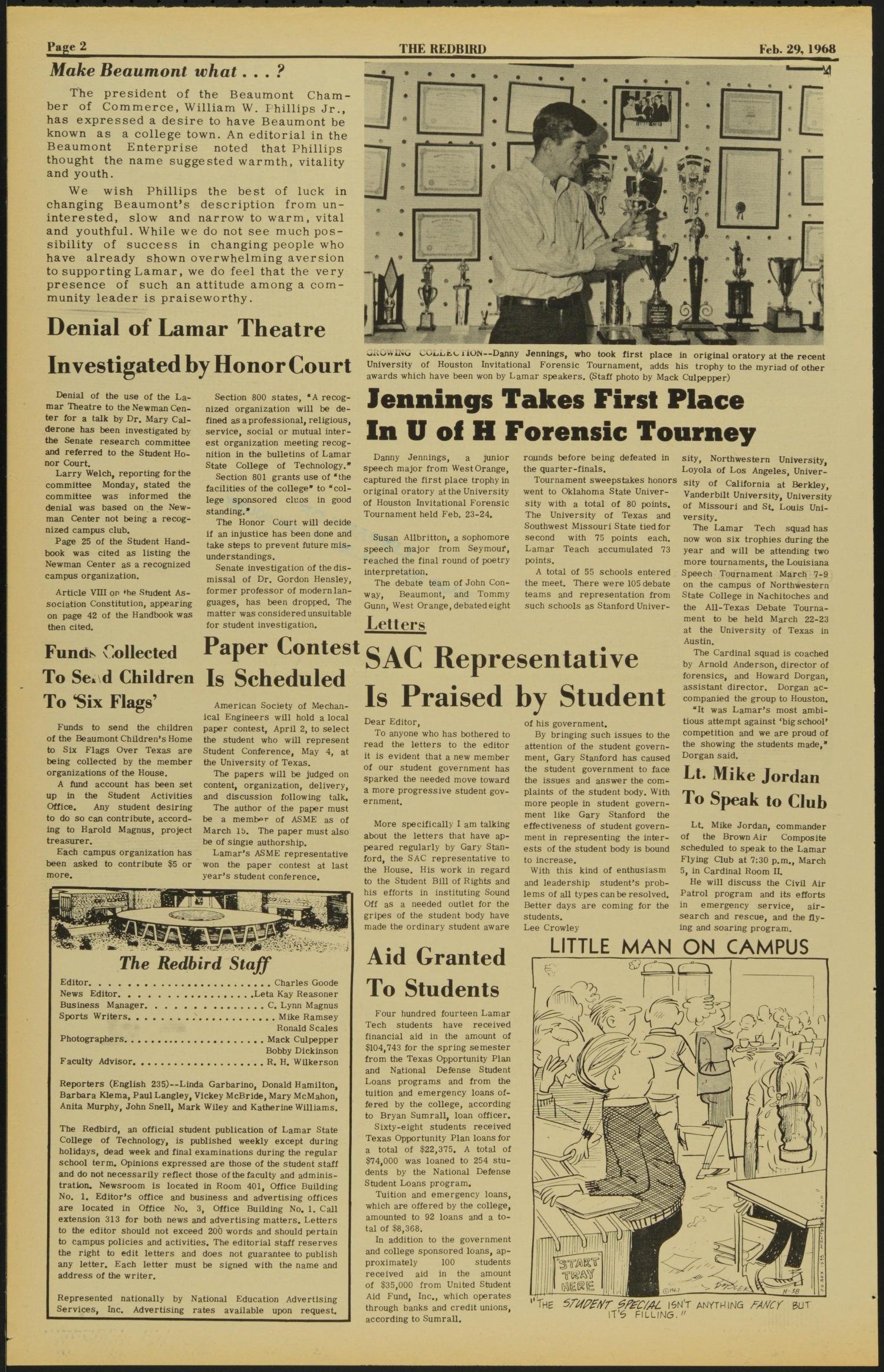 The Redbird (Beaumont, Tex.), Vol. 18, No. 20, Ed. 1 Thursday, February 29, 1968
                                                
                                                    [Sequence #]: 2 of 8
                                                