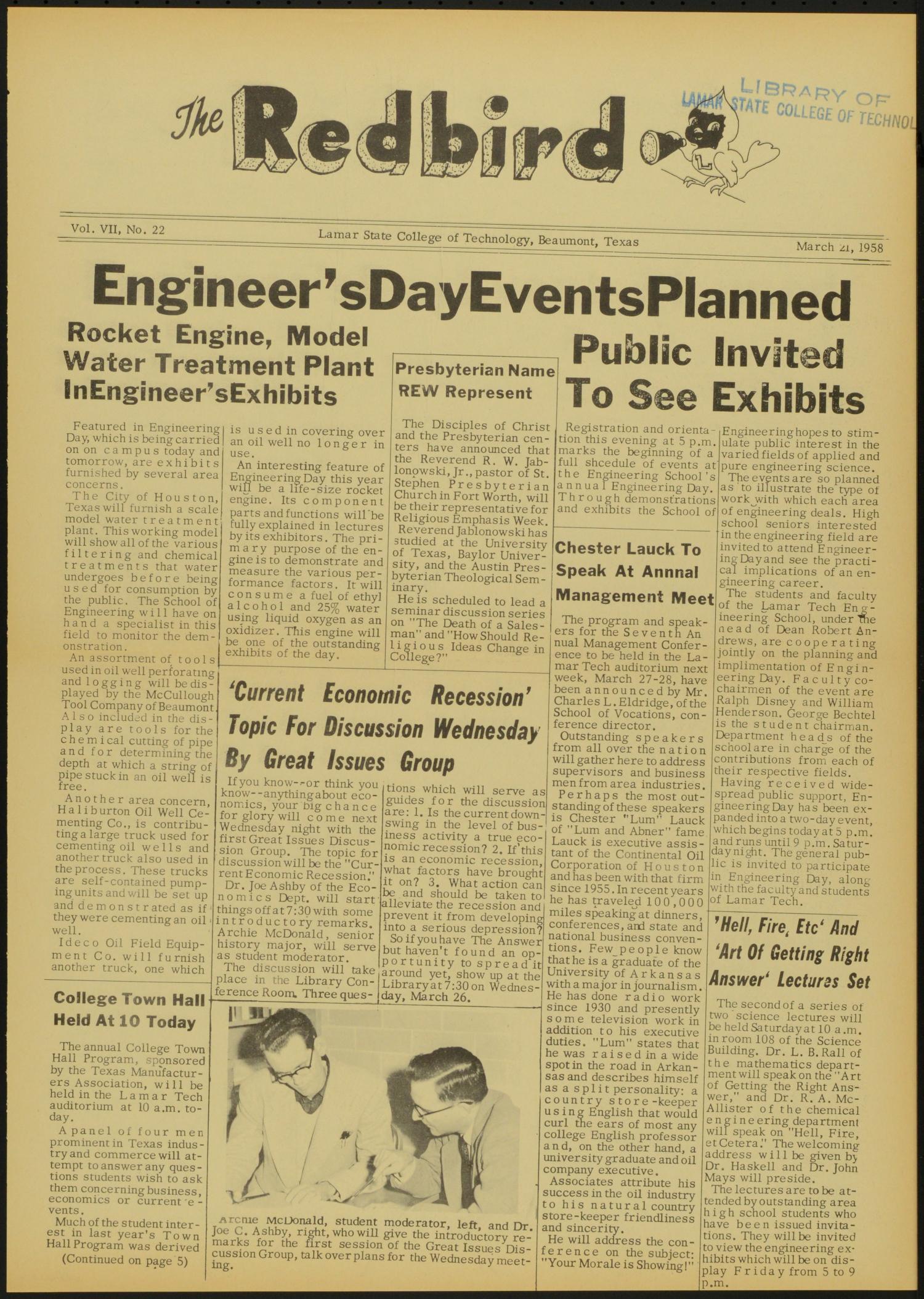 The Redbird (Beaumont, Tex.), Vol. 7, No. 22, Ed. 1 Friday, March 21, 1958
                                                
                                                    [Sequence #]: 1 of 6
                                                