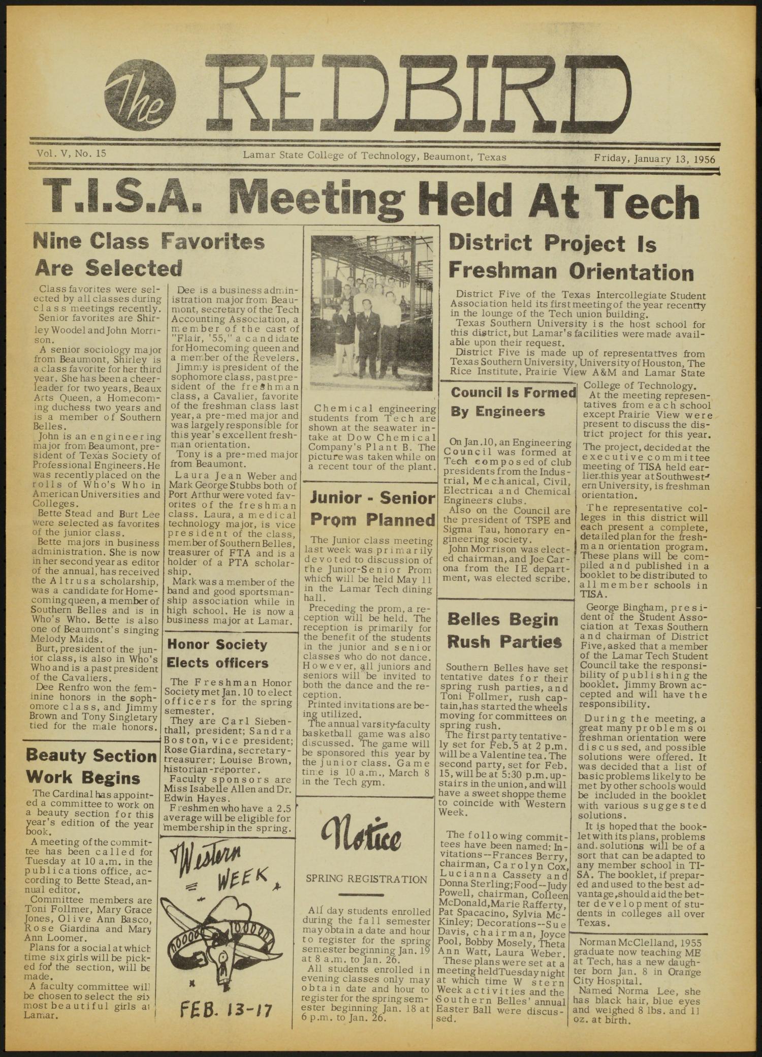 The Redbird (Beaumont, Tex.), Vol. 5, No. 15, Ed. 1 Friday, January 13, 1956
                                                
                                                    [Sequence #]: 1 of 6
                                                