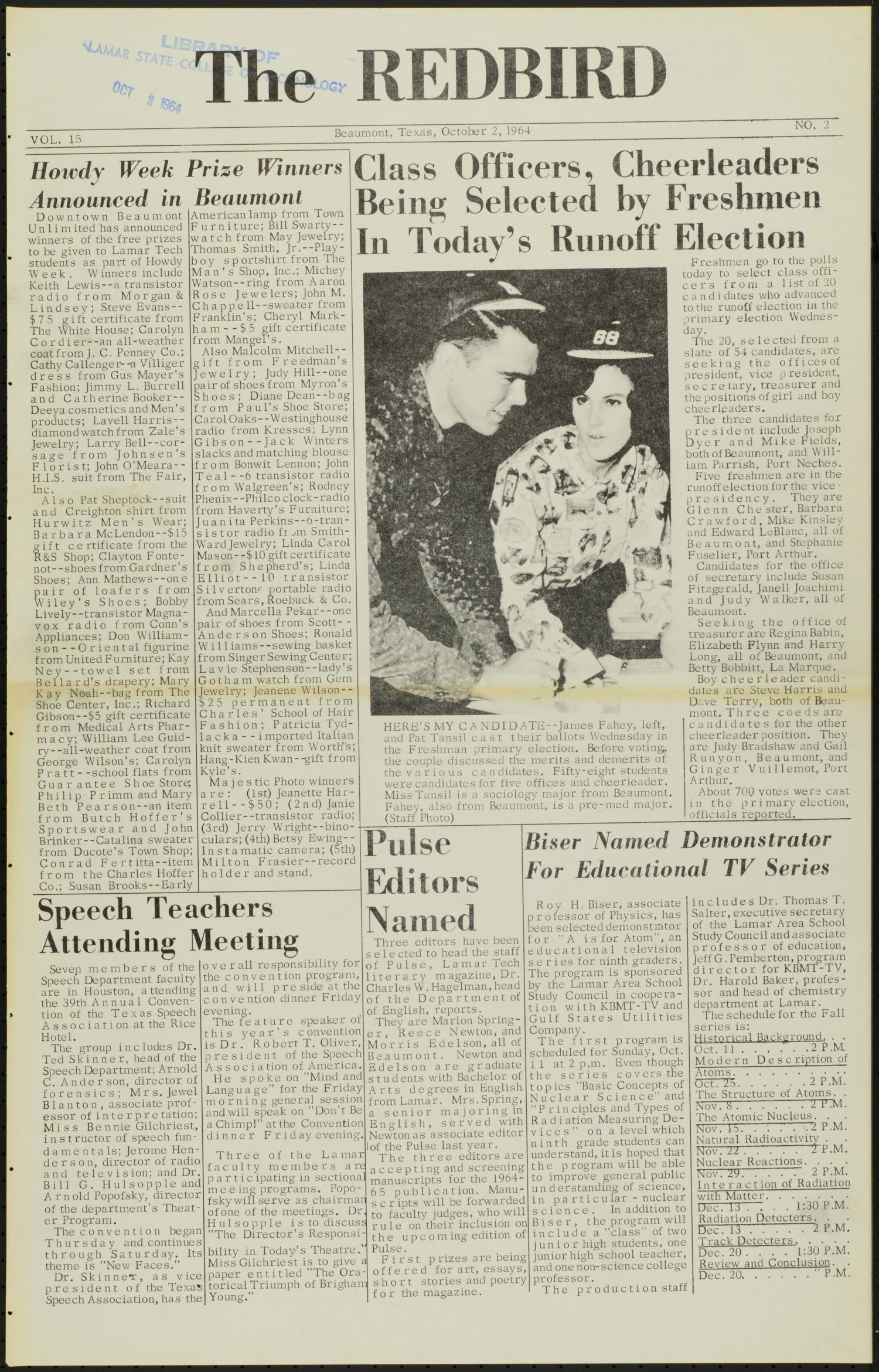 The Redbird (Beaumont, Tex.), Vol. 15, No. 2, Ed. 1 Friday, October 2, 1964
                                                
                                                    [Sequence #]: 1 of 6
                                                