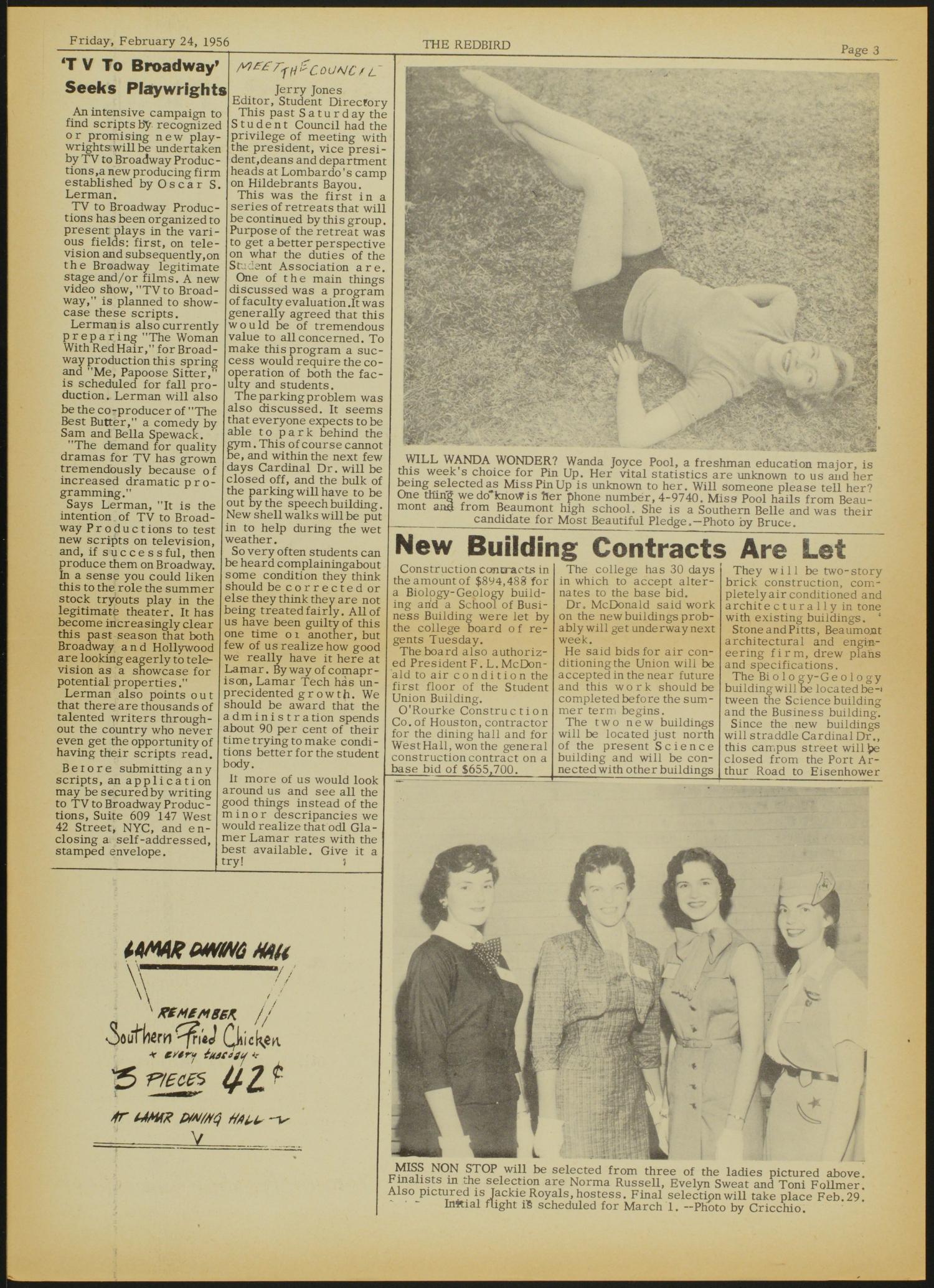 The Redbird (Beaumont, Tex.), Vol. 5, No. 20, Ed. 1 Friday, February 24, 1956
                                                
                                                    [Sequence #]: 3 of 6
                                                
