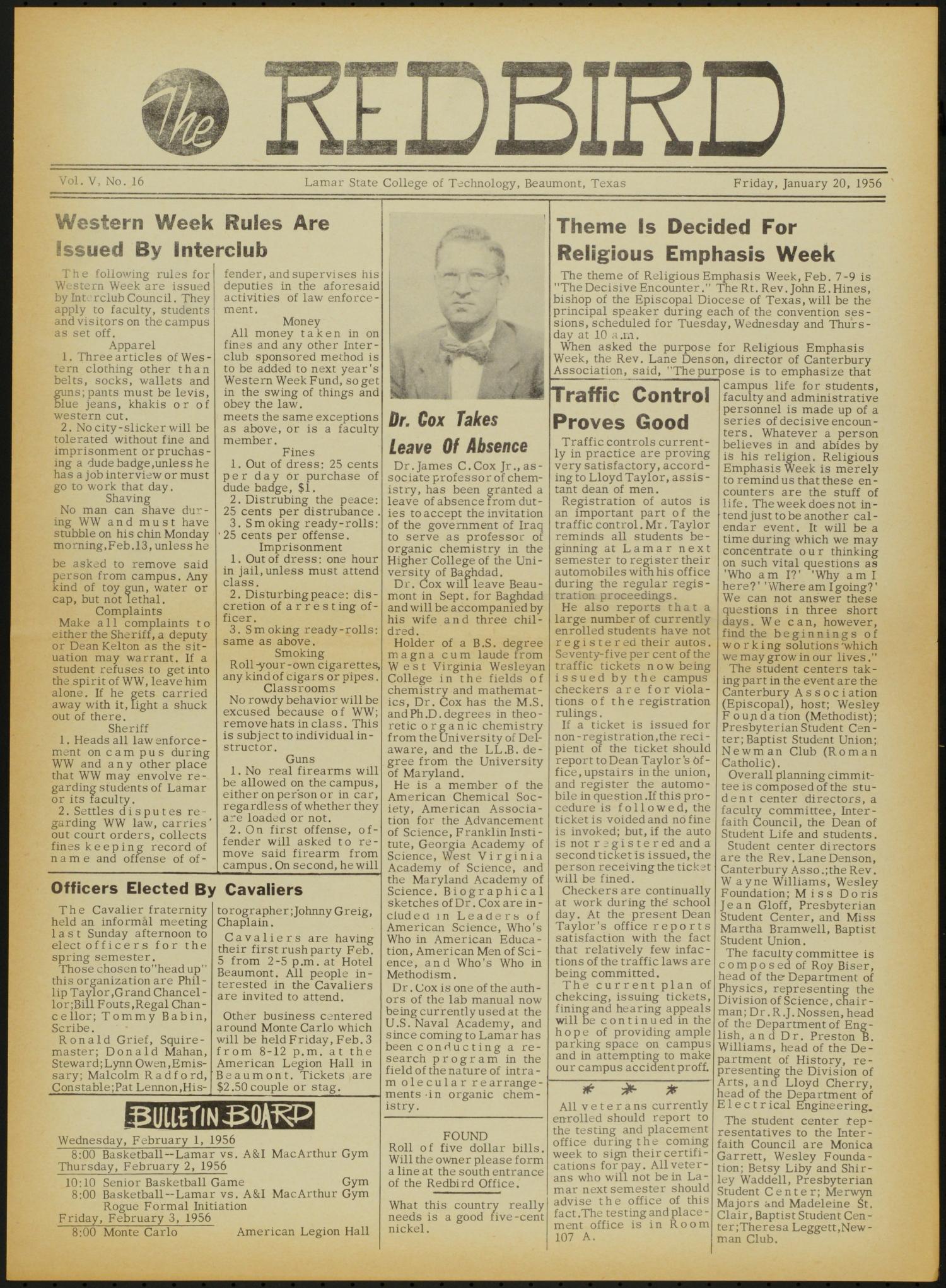 The Redbird (Beaumont, Tex.), Vol. 5, No. 16, Ed. 1 Friday, January 20, 1956
                                                
                                                    [Sequence #]: 1 of 6
                                                
