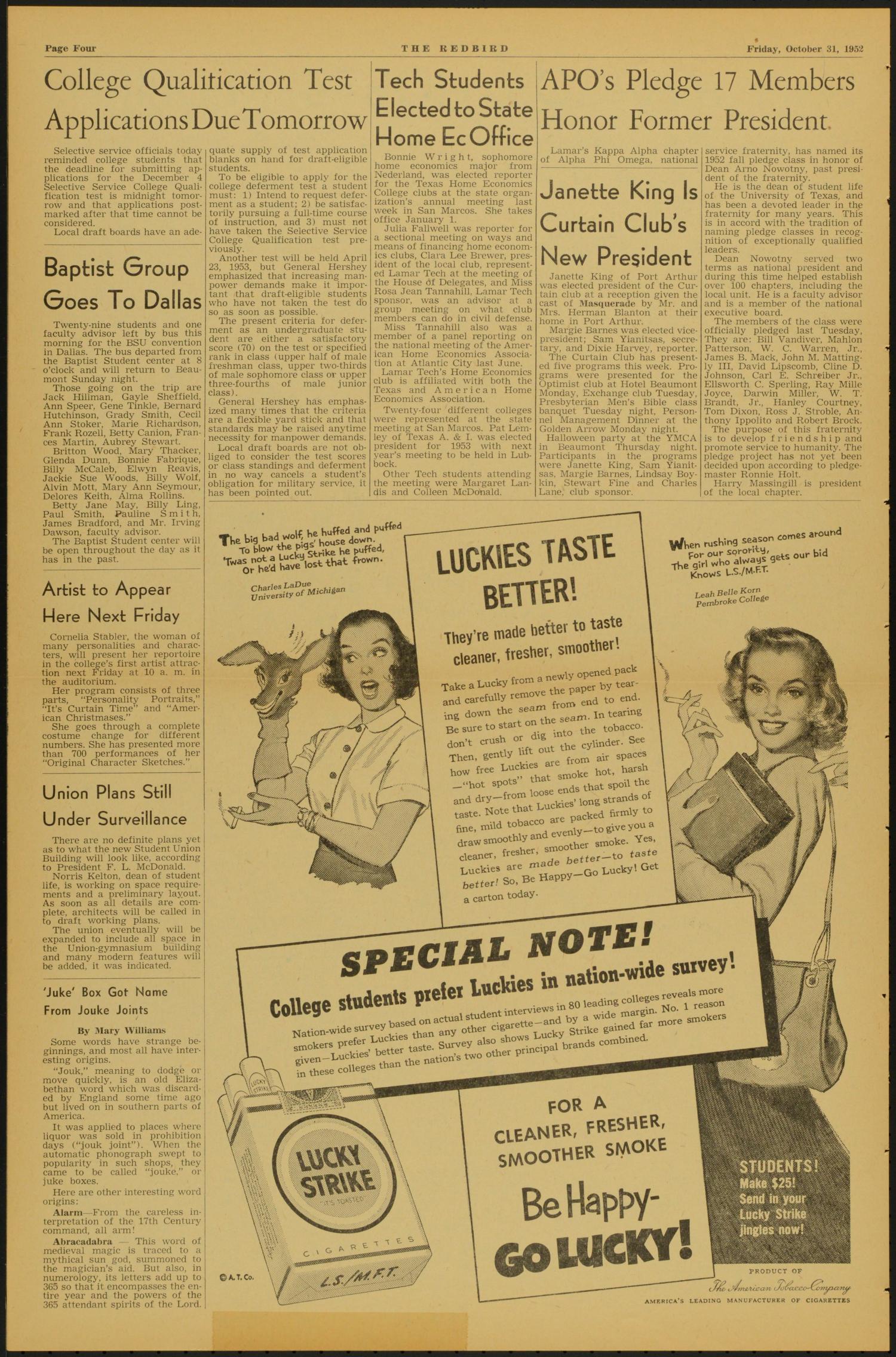 The Redbird (Beaumont, Tex.), Vol. 2, No. 6, Ed. 1 Friday, October 31, 1952
                                                
                                                    [Sequence #]: 4 of 4
                                                
