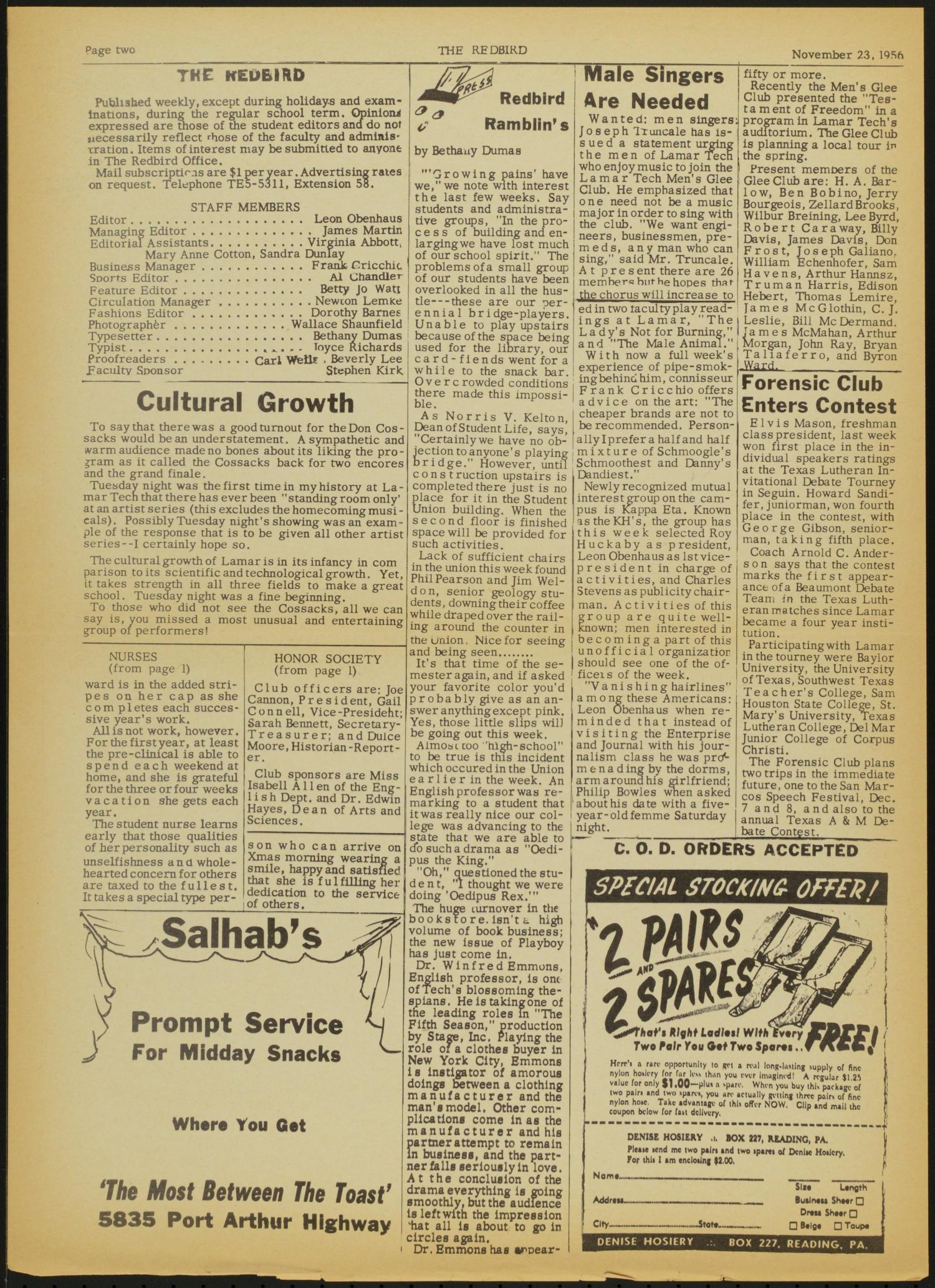 The Redbird (Beaumont, Tex.), Vol. 6, No. 9, Ed. 1 Friday, November 23, 1956
                                                
                                                    [Sequence #]: 2 of 6
                                                