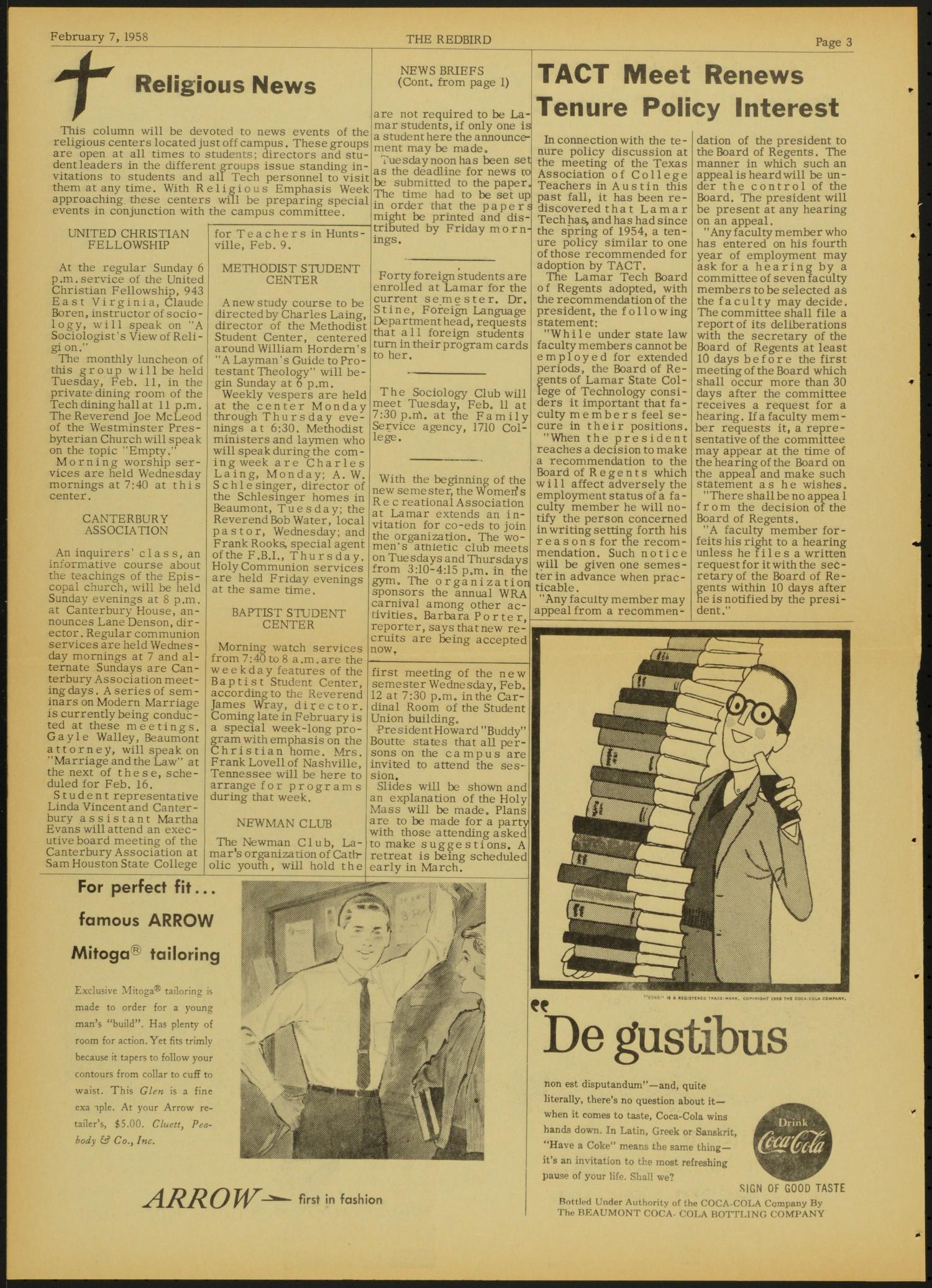 The Redbird (Beaumont, Tex.), Vol. 7, No. 16, Ed. 1 Friday, February 7, 1958
                                                
                                                    [Sequence #]: 3 of 6
                                                