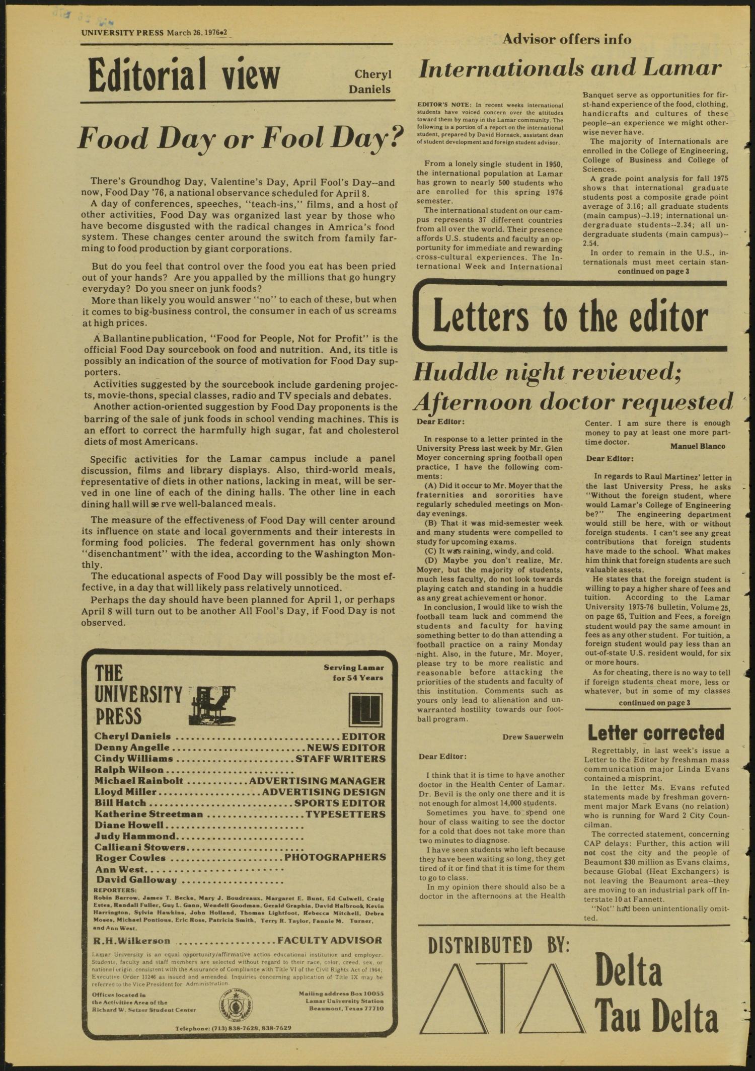 The University Press (Beaumont, Tex.), Vol. 26, No. 20, Ed. 1 Friday, March 26, 1976
                                                
                                                    [Sequence #]: 2 of 12
                                                