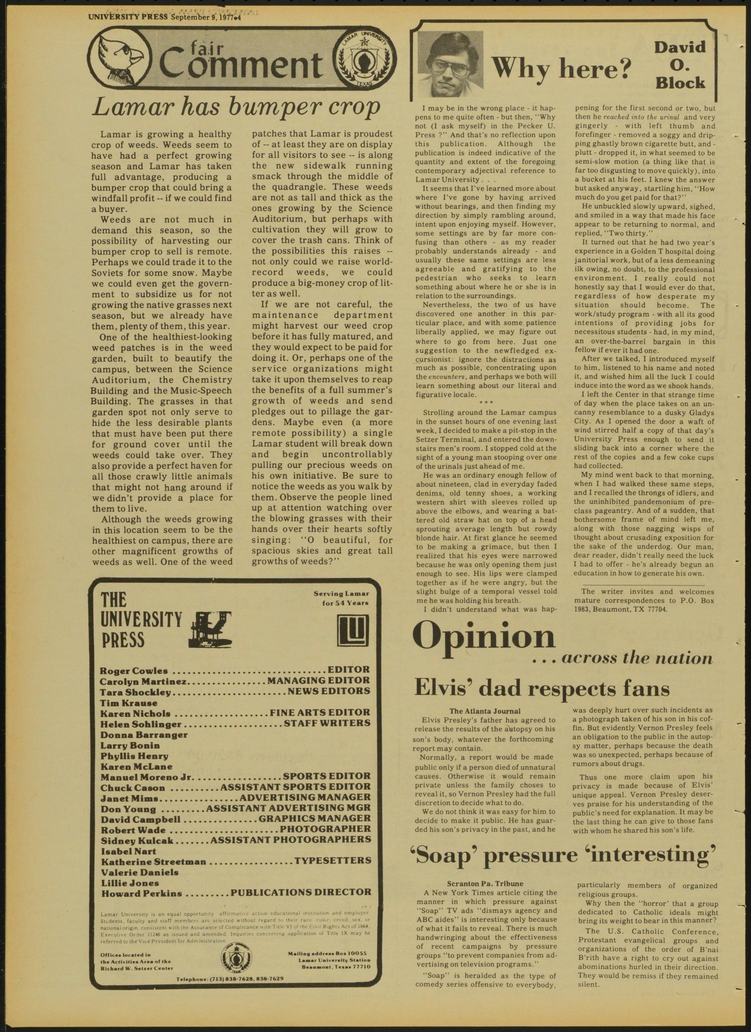 Lamar University Press (Beaumont, Tex.), Vol. 28, No. 4, Ed. 1 Friday, September 9, 1977
                                                
                                                    [Sequence #]: 4 of 16
                                                