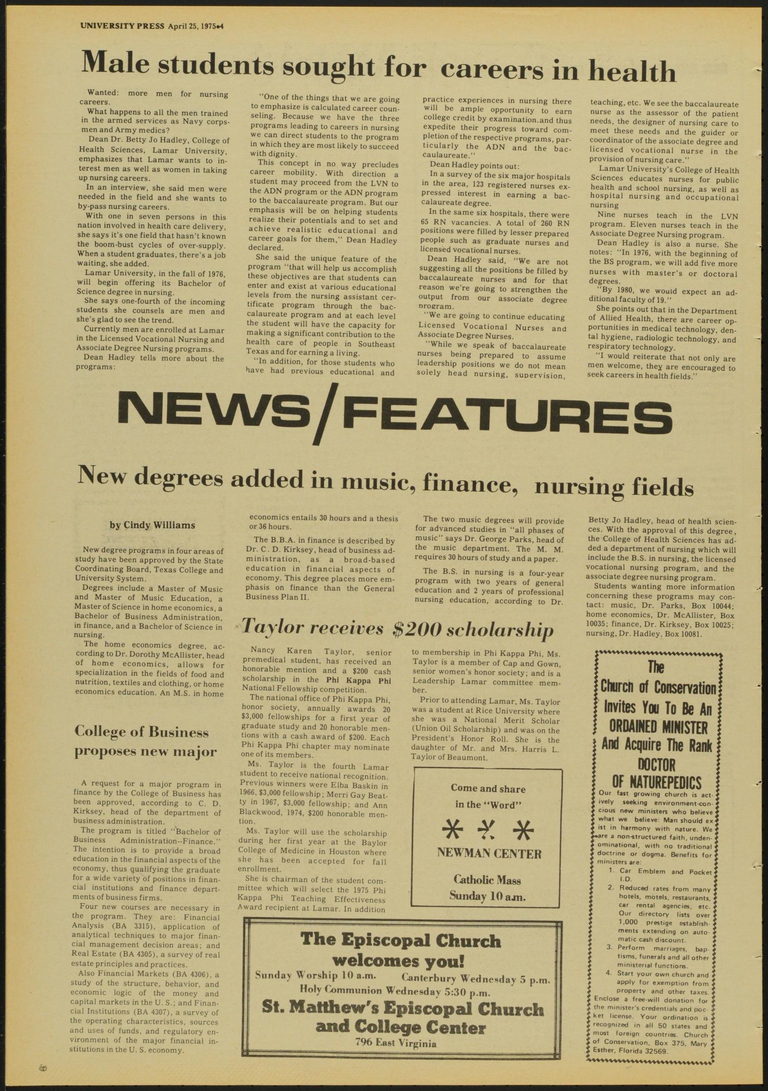 The University Press (Beaumont, Tex.), Vol. 25, No. 20, Ed. 1 Friday, April 25, 1975
                                                
                                                    [Sequence #]: 4 of 12
                                                