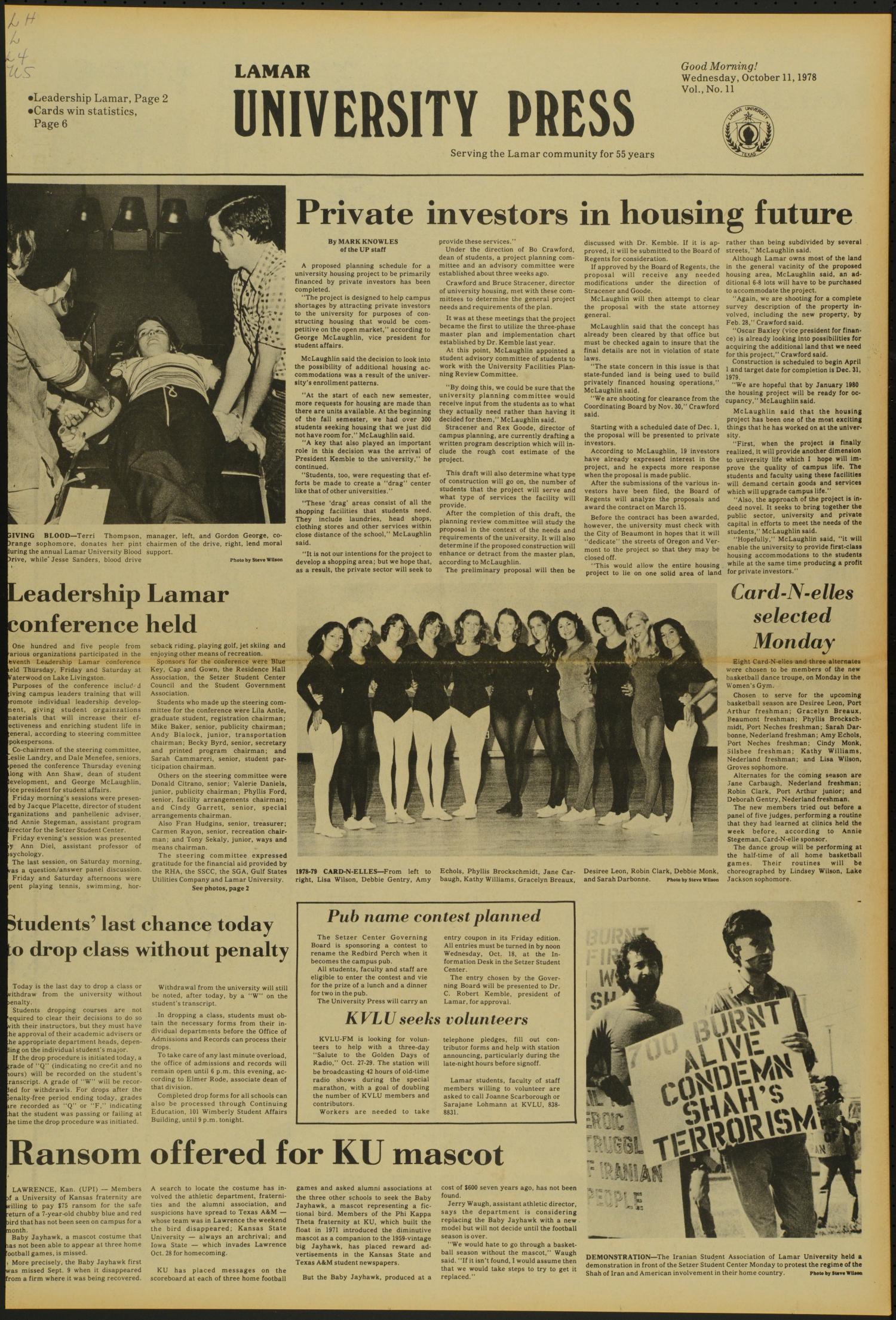 Lamar University Press (Beaumont, Tex.), No. 11, Ed. 1 Wednesday, October 11, 1978
                                                
                                                    [Sequence #]: 1 of 8
                                                