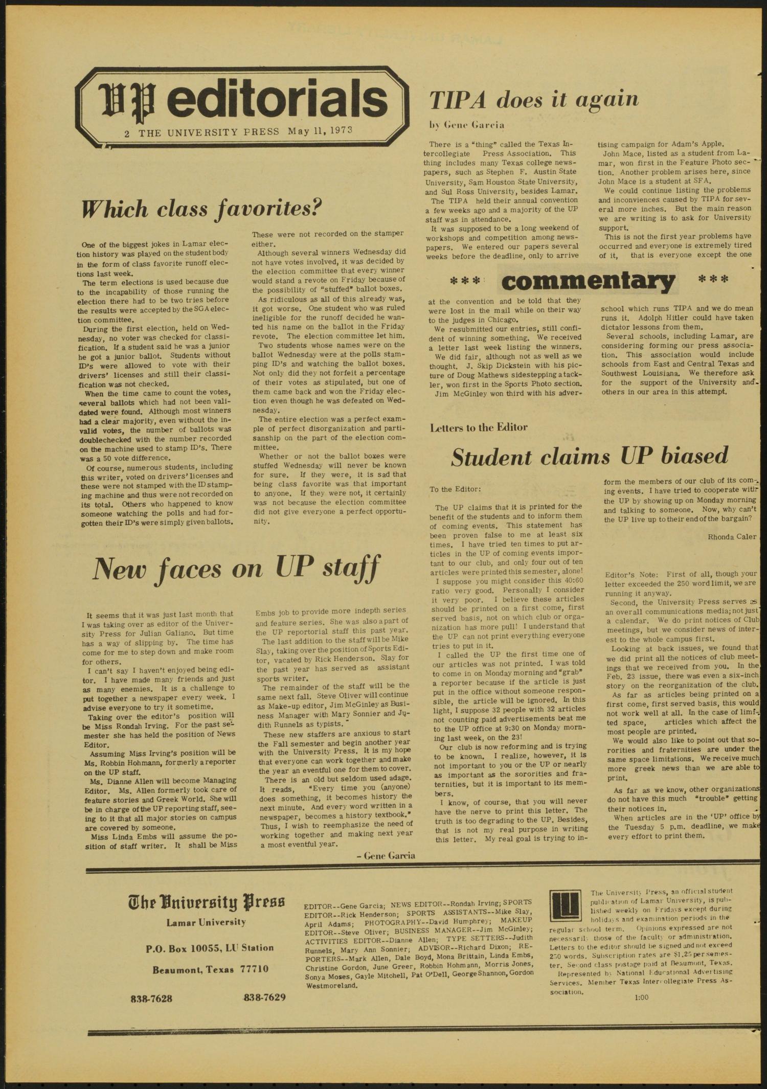 The University Press (Beaumont, Tex.), Vol. 23, No. 26, Ed. 1 Friday, May 11, 1973
                                                
                                                    [Sequence #]: 2 of 12
                                                