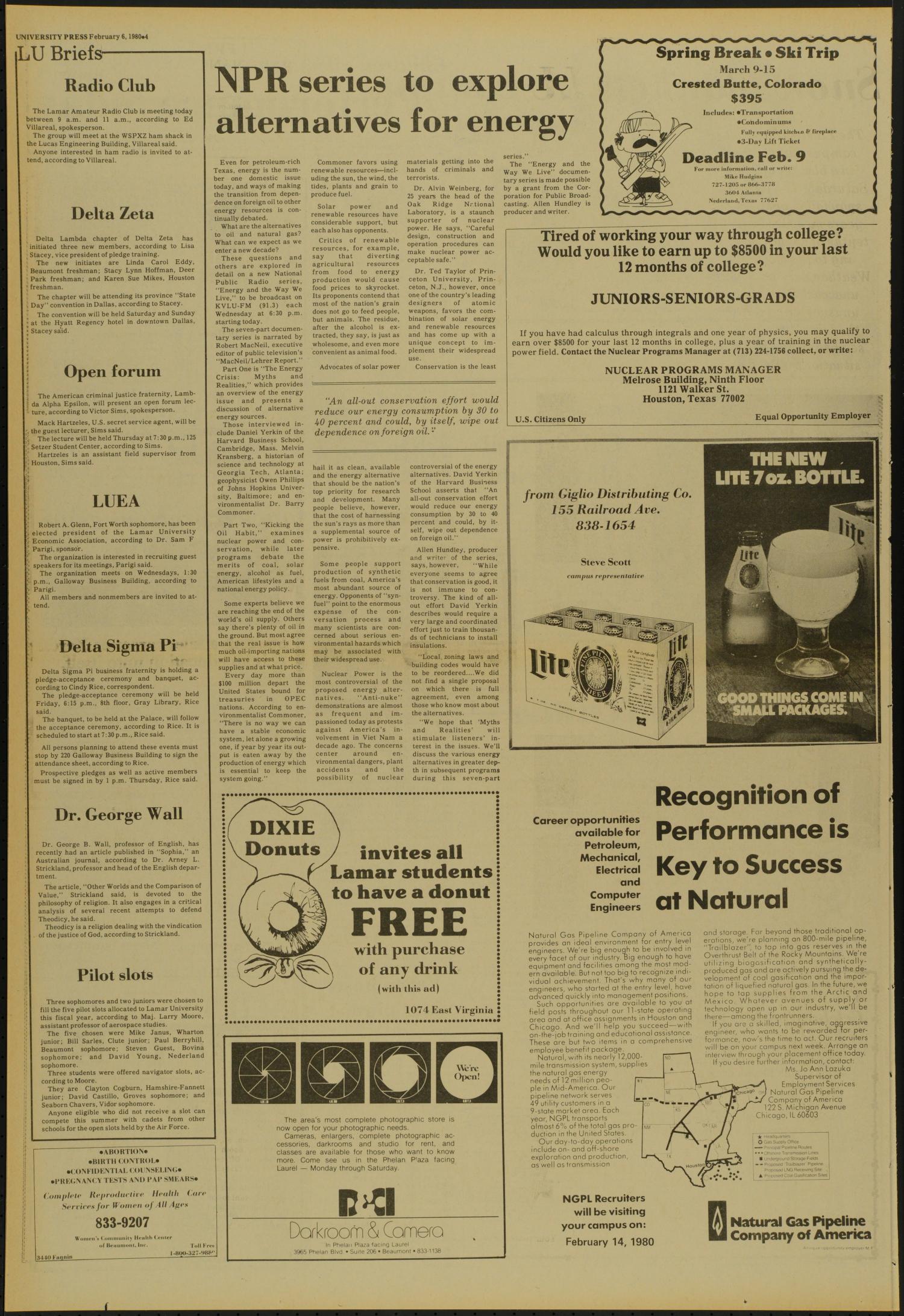 Lamar University Press (Beaumont, Tex.), Vol. 56, No. 27, Ed. 1 Wednesday, February 6, 1980
                                                
                                                    [Sequence #]: 4 of 8
                                                