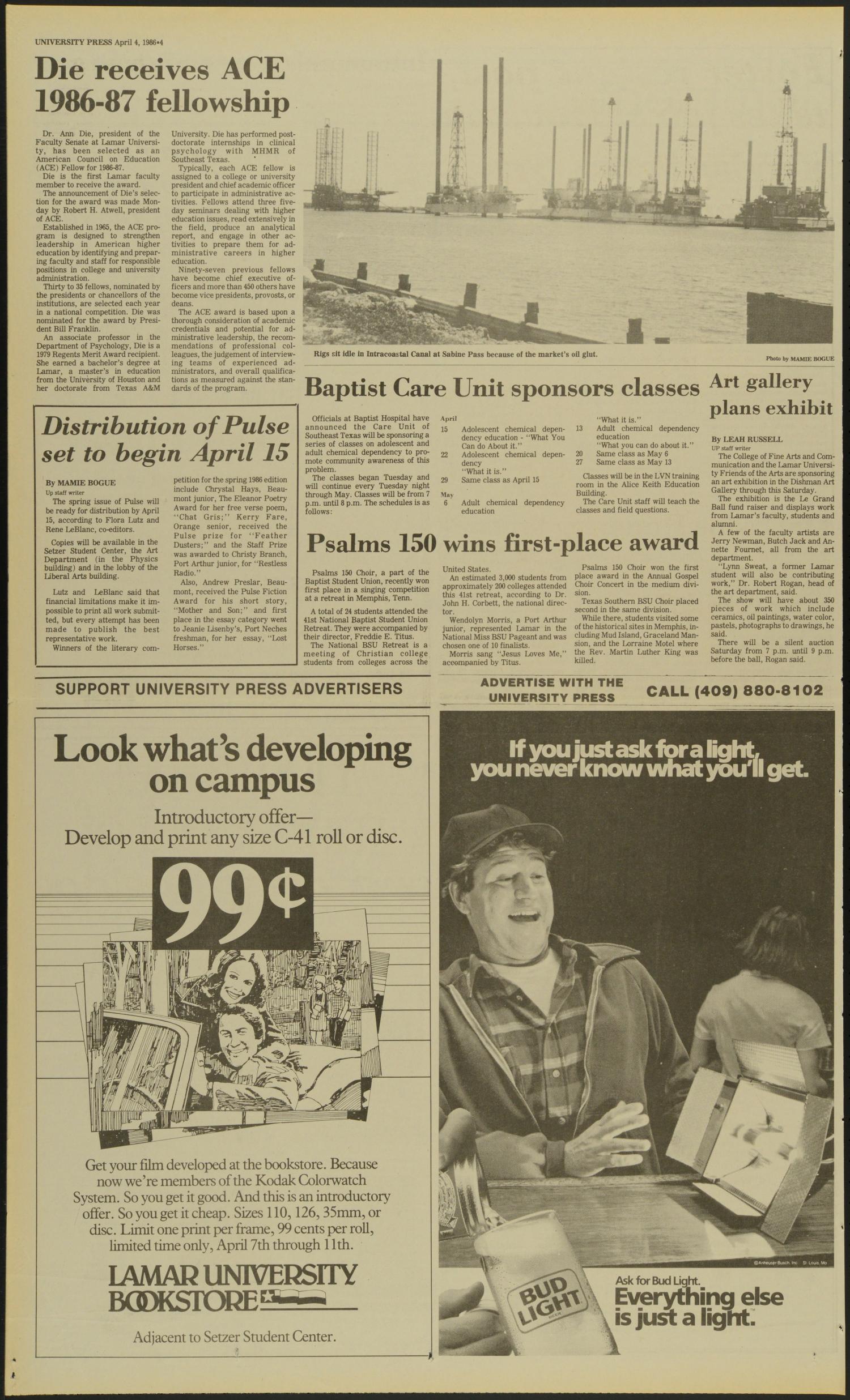 University Press (Beaumont, Tex.), Vol. 62, No. 40, Ed. 1 Friday, April 4, 1986
                                                
                                                    [Sequence #]: 4 of 6
                                                