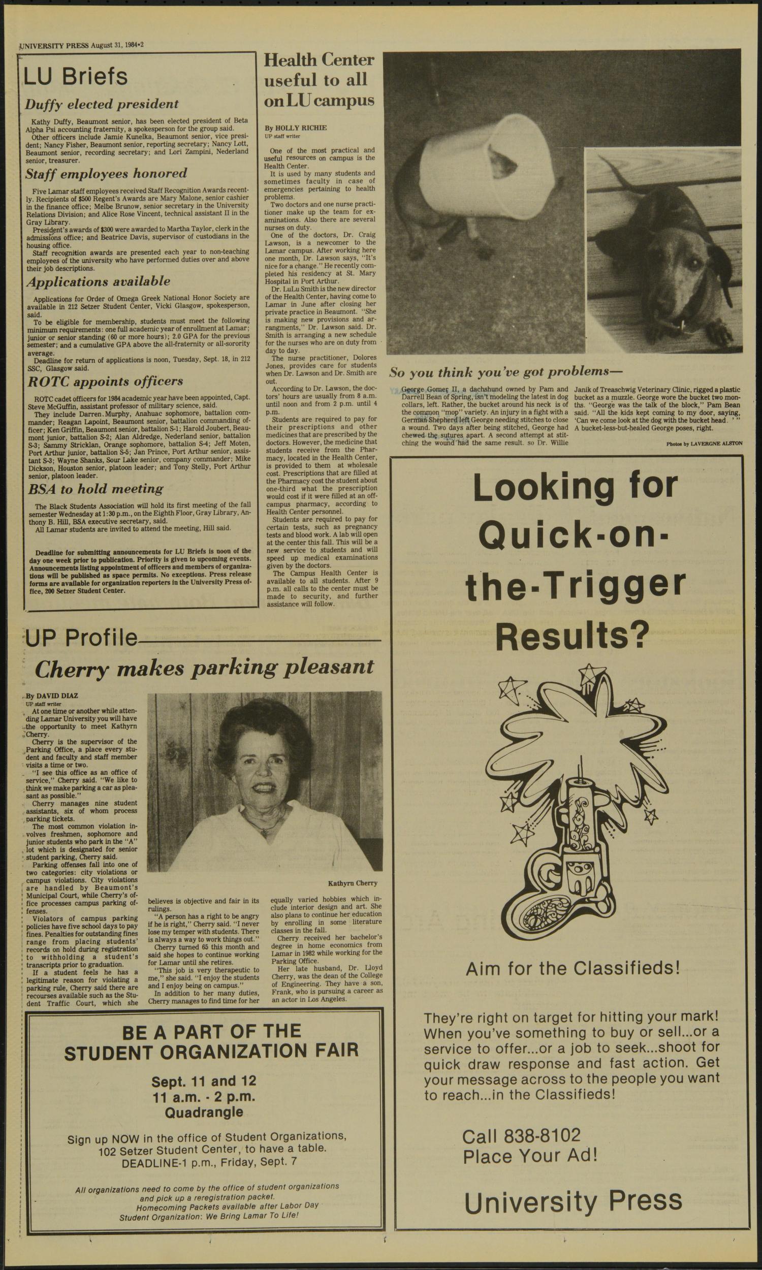 University Press (Beaumont, Tex.), Vol. 61, No. 1, Ed. 1 Friday, August 31, 1984
                                                
                                                    [Sequence #]: 2 of 10
                                                