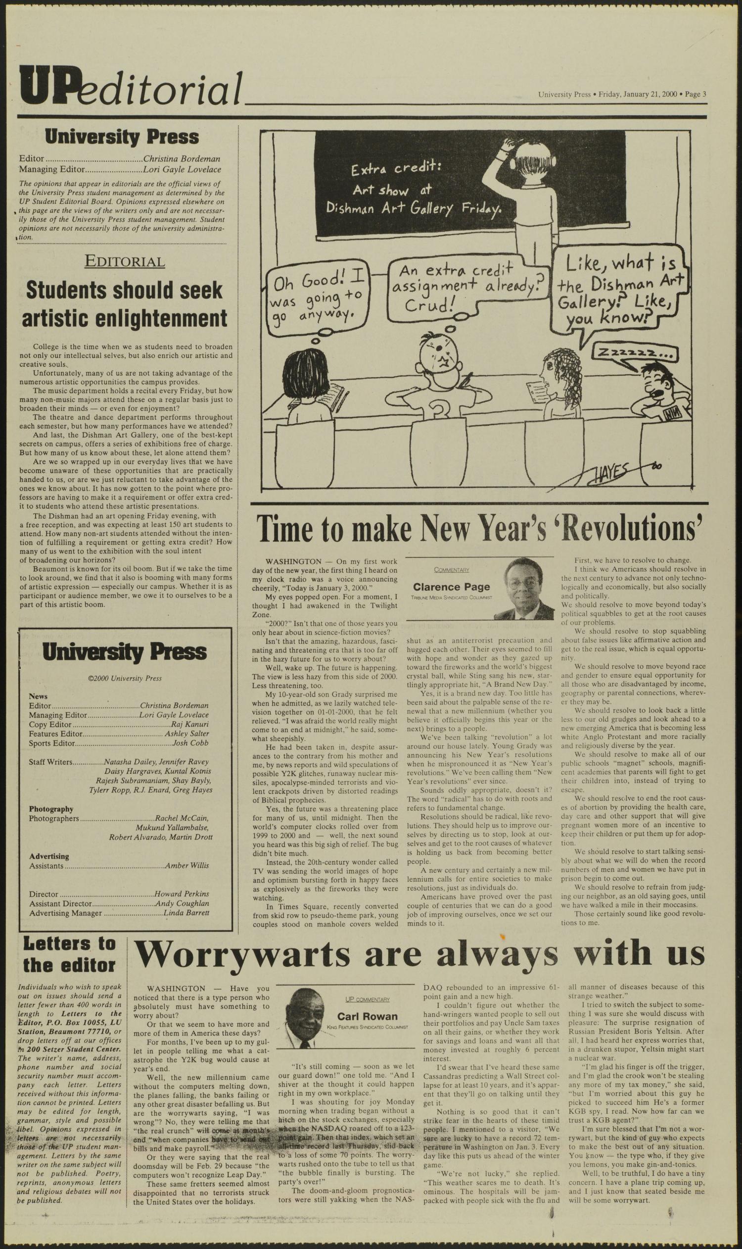 University Press (Beaumont, Tex.), Vol. 76, No. 25, Ed. 1 Friday, January 21, 2000
                                                
                                                    [Sequence #]: 3 of 10
                                                
