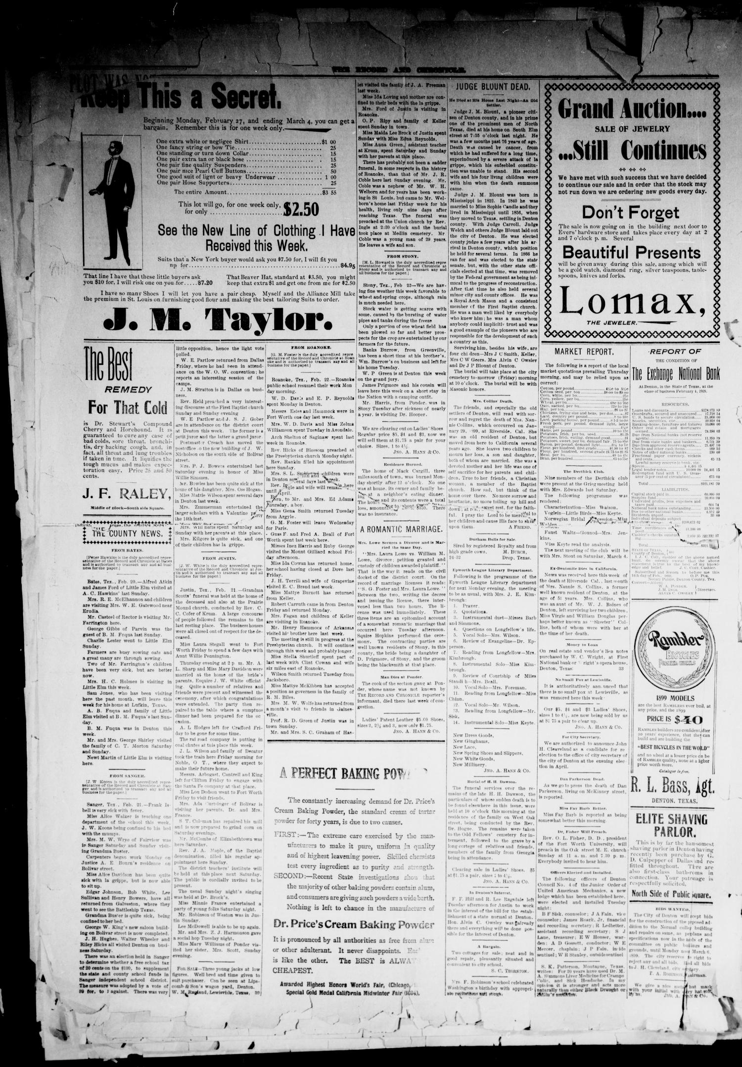 Denton County Record and Chronicle. (Denton, Tex.), Vol. 17, No. 29, Ed. 1 Thursday, February 23, 1899
                                                
                                                    [Sequence #]: 4 of 4
                                                