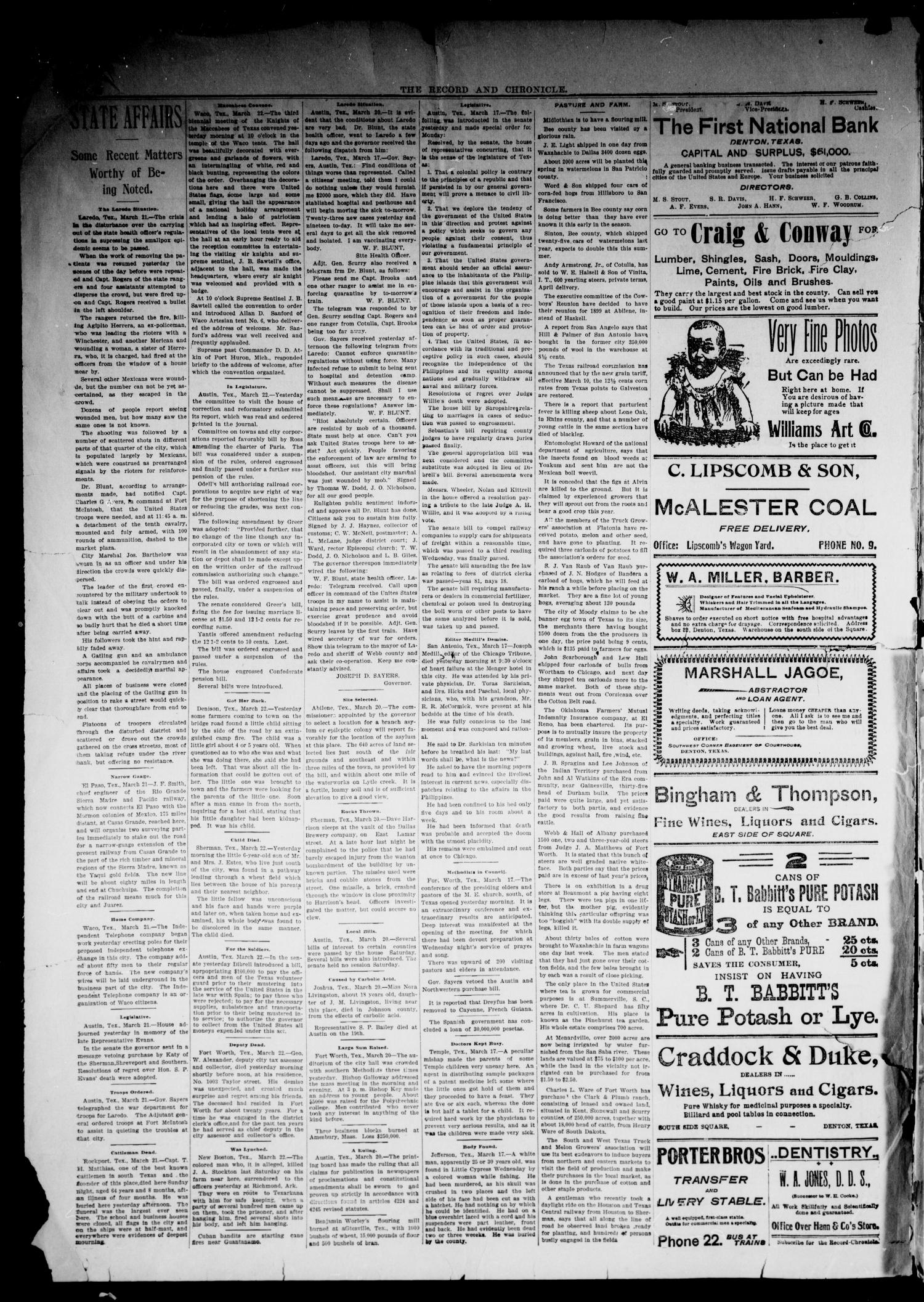Denton County Record and Chronicle. (Denton, Tex.), Vol. 17, No. 38, Ed. 1 Thursday, March 23, 1899
                                                
                                                    [Sequence #]: 2 of 8
                                                
