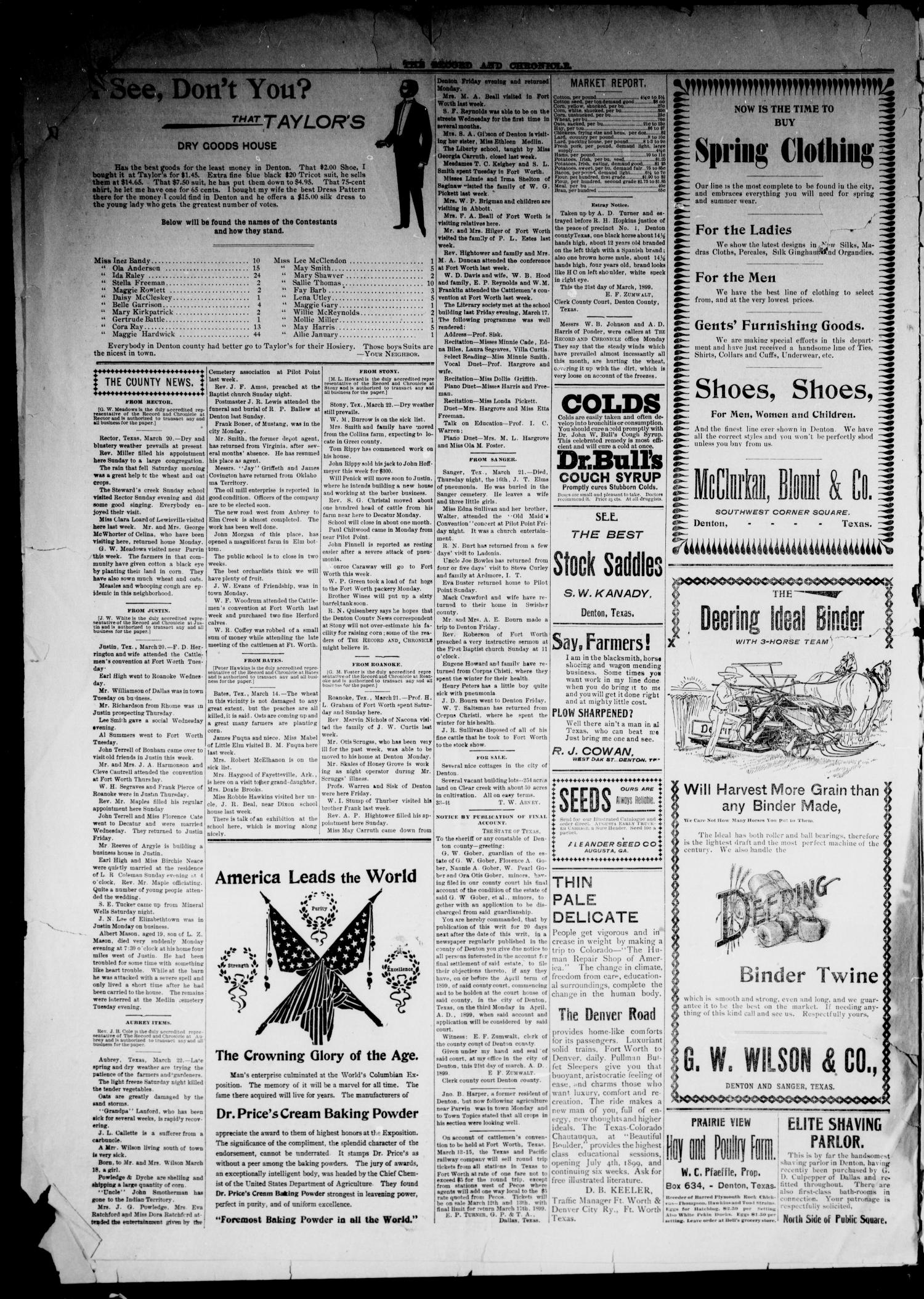Denton County Record and Chronicle. (Denton, Tex.), Vol. 17, No. 38, Ed. 1 Thursday, March 23, 1899
                                                
                                                    [Sequence #]: 4 of 8
                                                