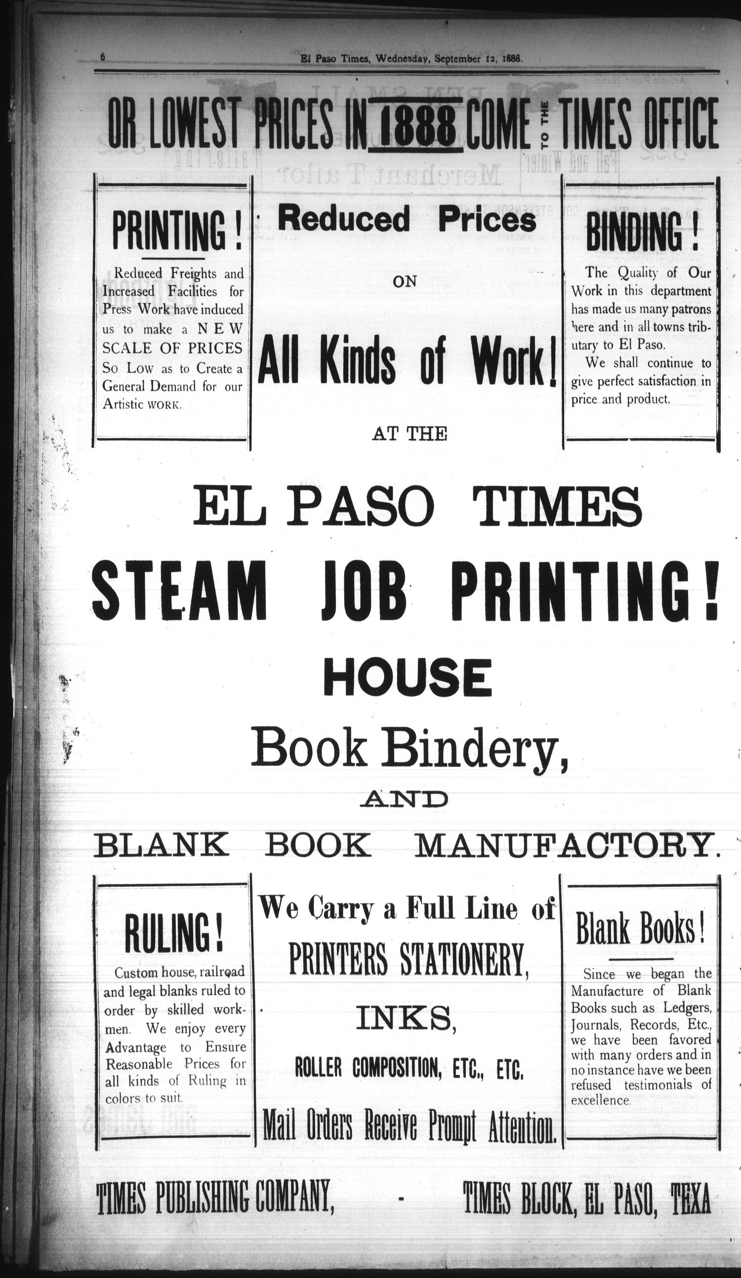 El Paso Times. (El Paso, Tex.), Vol. EIGHTH YEAR, No. 218, Ed. 1 Wednesday, September 12, 1888
                                                
                                                    [Sequence #]: 8 of 10
                                                