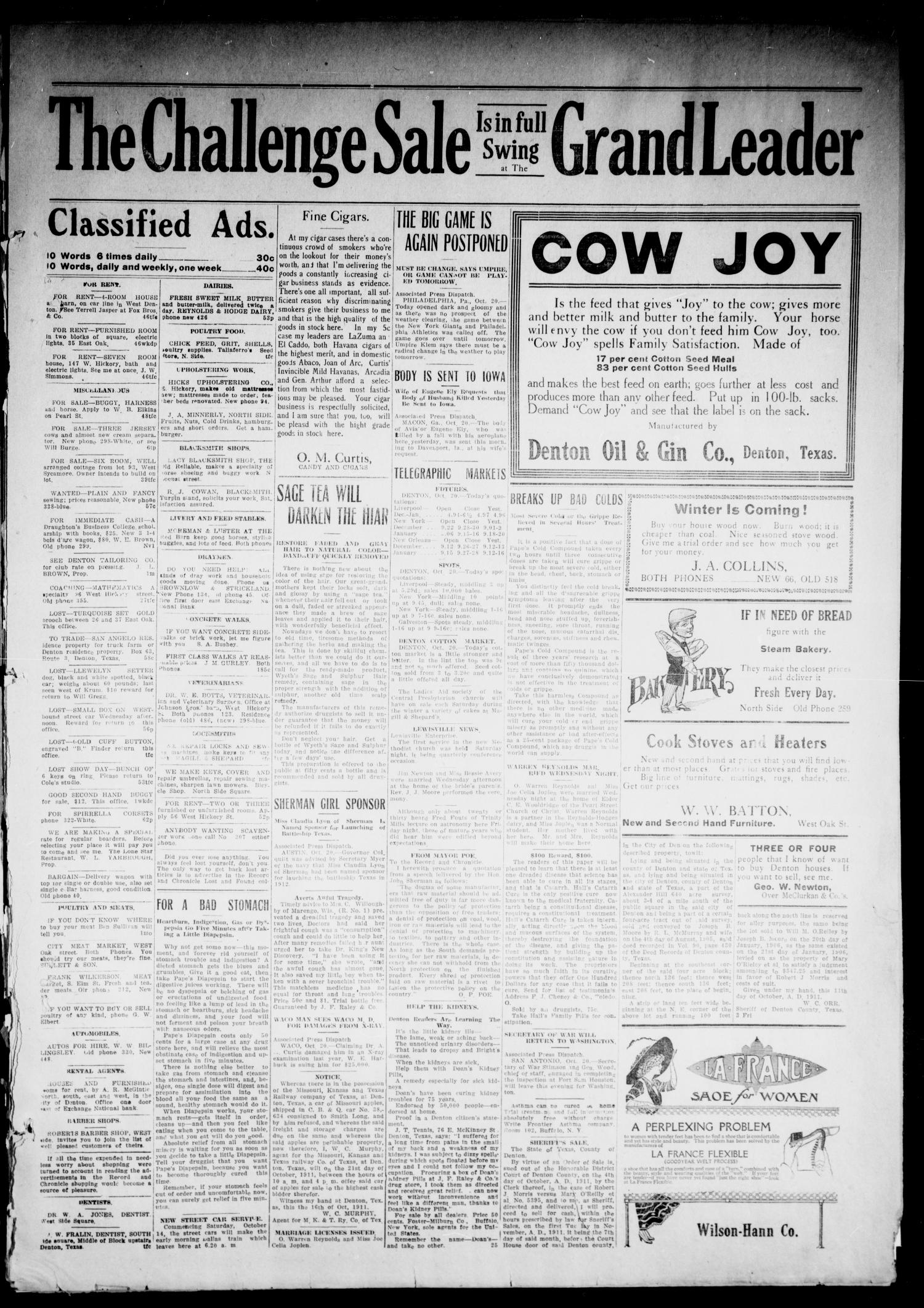 Record and Chronicle. (Denton, Tex.), Vol. 12, No. 55, Ed. 1 Friday, October 20, 1911
                                                
                                                    [Sequence #]: 3 of 4
                                                